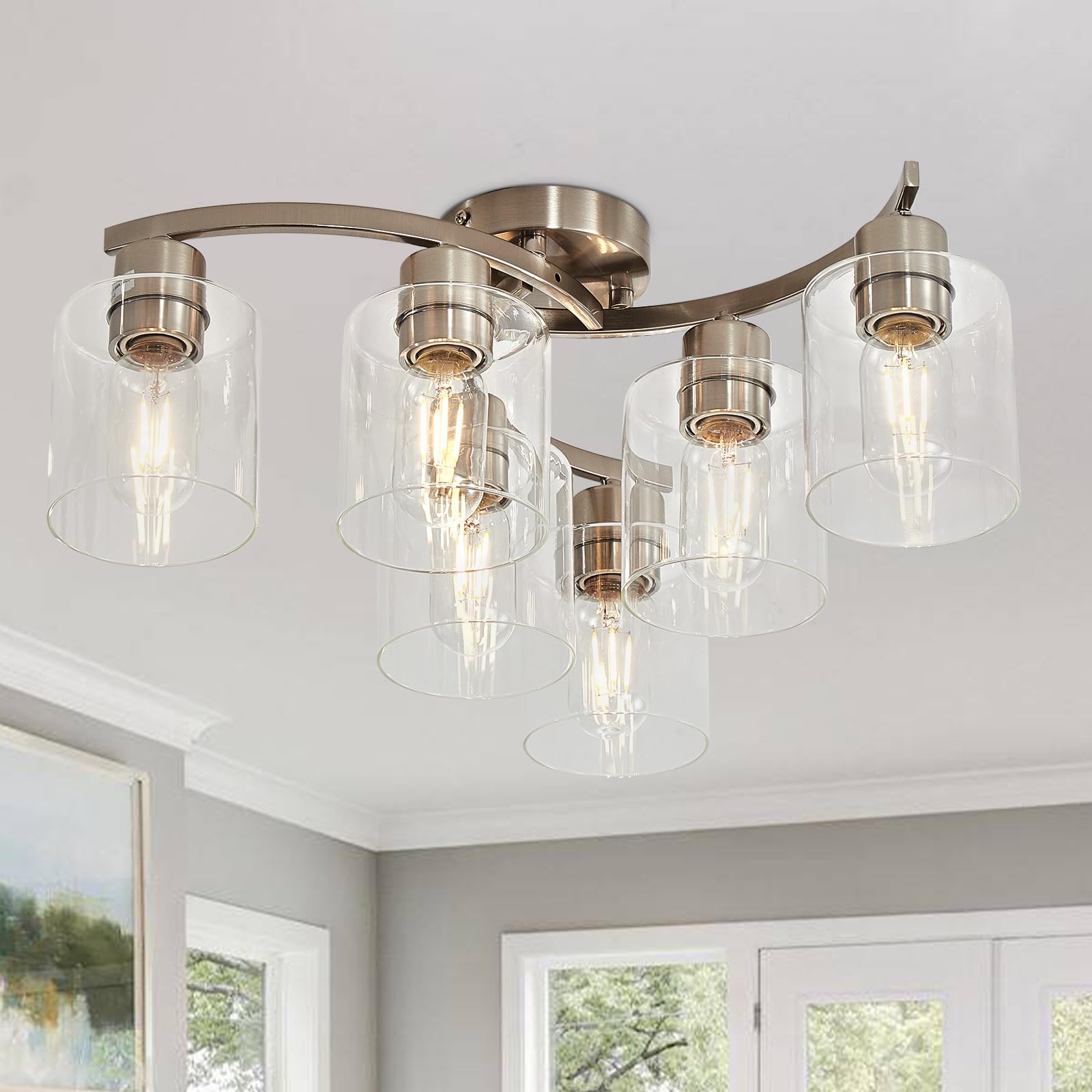 Eatich 6-Light Semi Flush Mount Ceiling Light, Modern Brushed Nickel Ceiling Light Fixture, Dining Room Light Fixture With Clear Glass Shade, Kitchen Light Fixtures Ceiling Mount For Bedroom Entryway