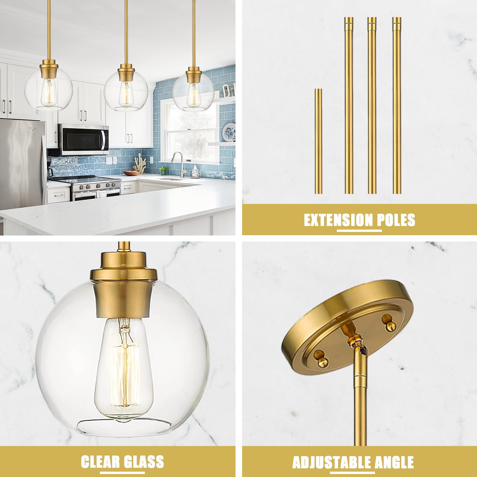 Ouvr Gold Pendant Light Fixtures,Pendant Lights Kitchen Island With Adjustable Hanging Pole Ceiling For Kitchen Island, Dining R