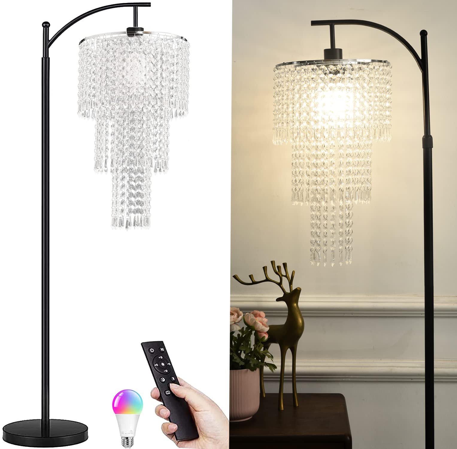 ZECOXOL Arc Floor Lamp for Living Room Modern Floor Lamp with Remote Control,Dimmable Crystal Floor Lamp Black Standing Lamp wit