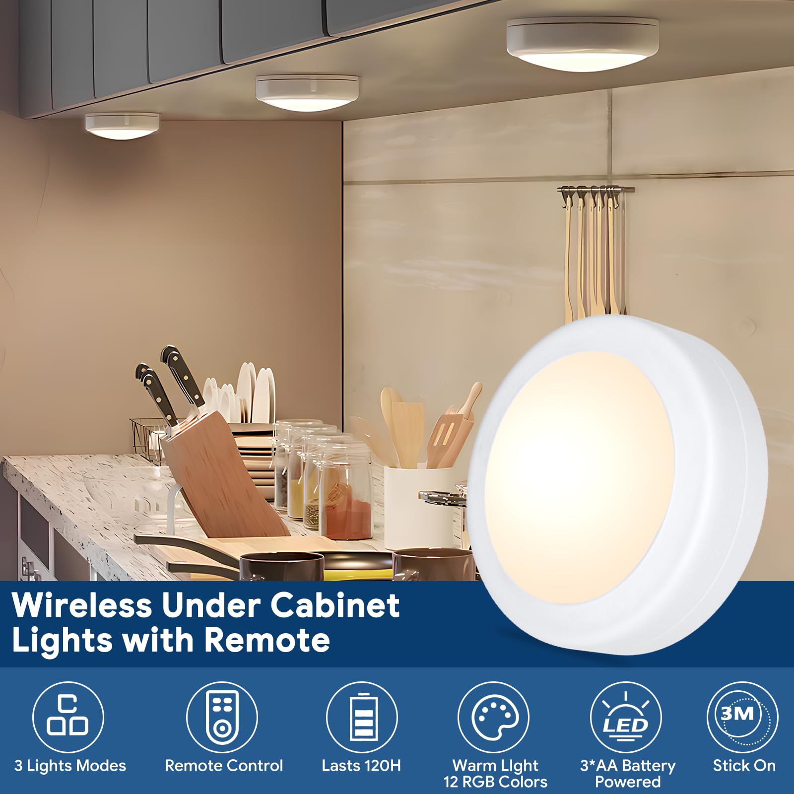 Yiliaw Led Puck Lights With Remote Control, Aa Battery Operated Lights, 12 Color Closet Lights Under Cabinet Lighting, Push Ligh