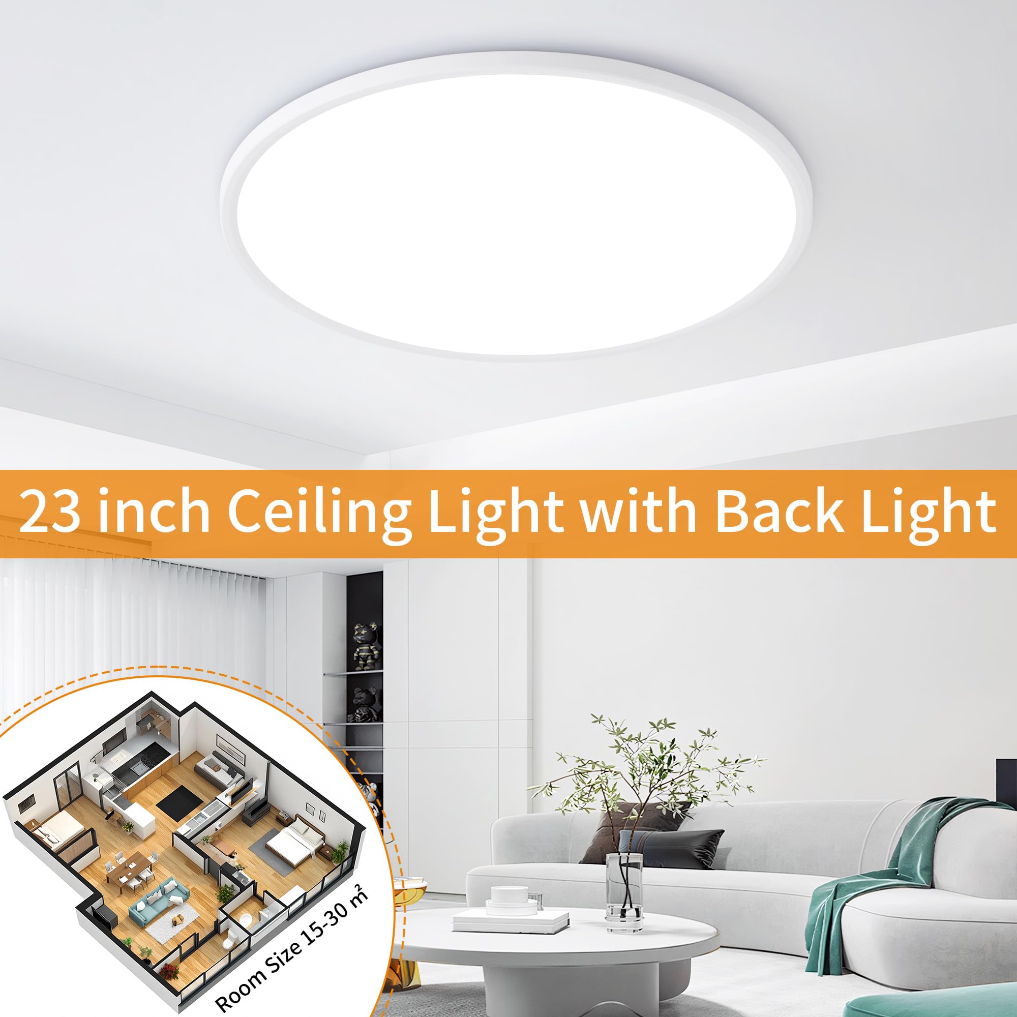 UprizeP Flush Mount Ceiling Light, 23in, 54W, 5400LM, Dimmable 3000-6500K, Night Light, White, Model LT016