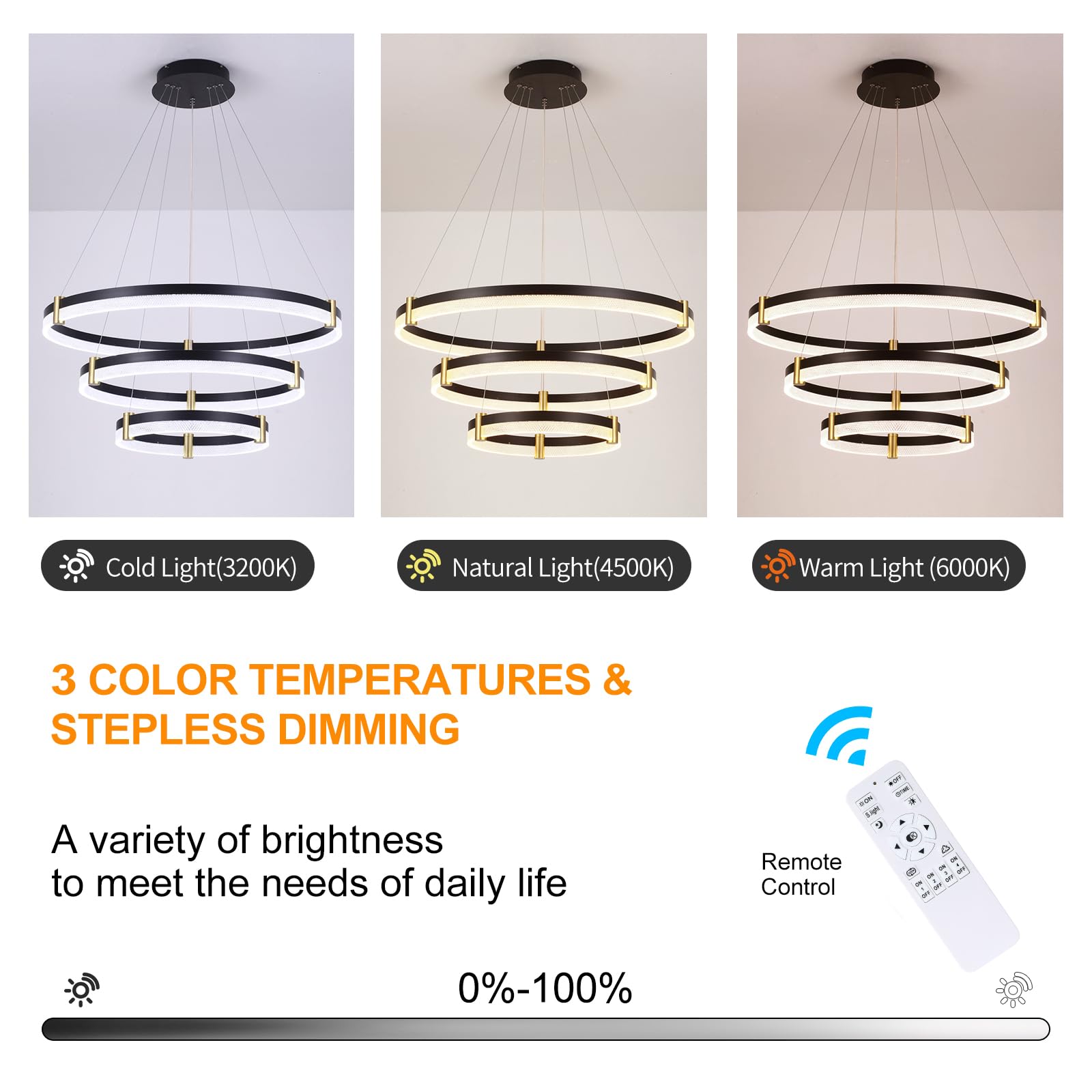 Siittoo Modern Crystal Chandelier Light Fixture  Dimmable Led Acrylic Pendant Lighting  Adjustable Black Chandelier For Dining Living Room Bedroom Kitchen (3 Rings  57W  F31.5+23.6+15.8)