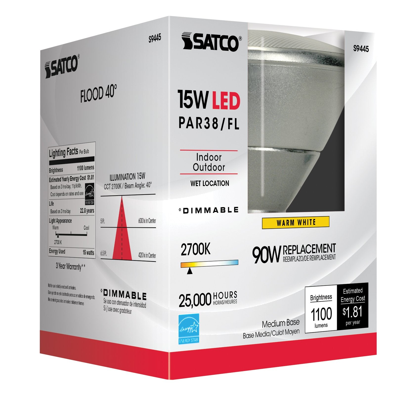 Satco S9445 Par38 Led 2700K 40' Beam Spread Medium Base Light Bulb, 15W