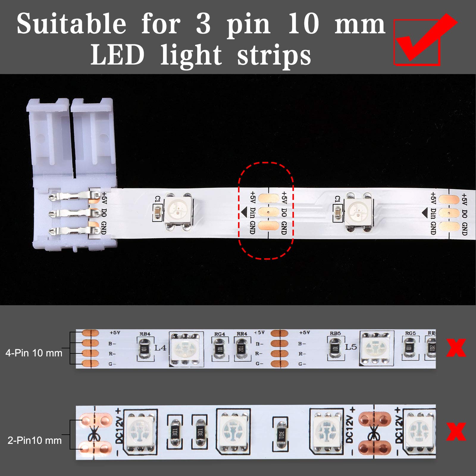 28 Pieces 3 Pin Led Connector Led Strip Connector 10 Mm Solderless Led Light Connector L Shape Led Lights Extension T Shape Sold