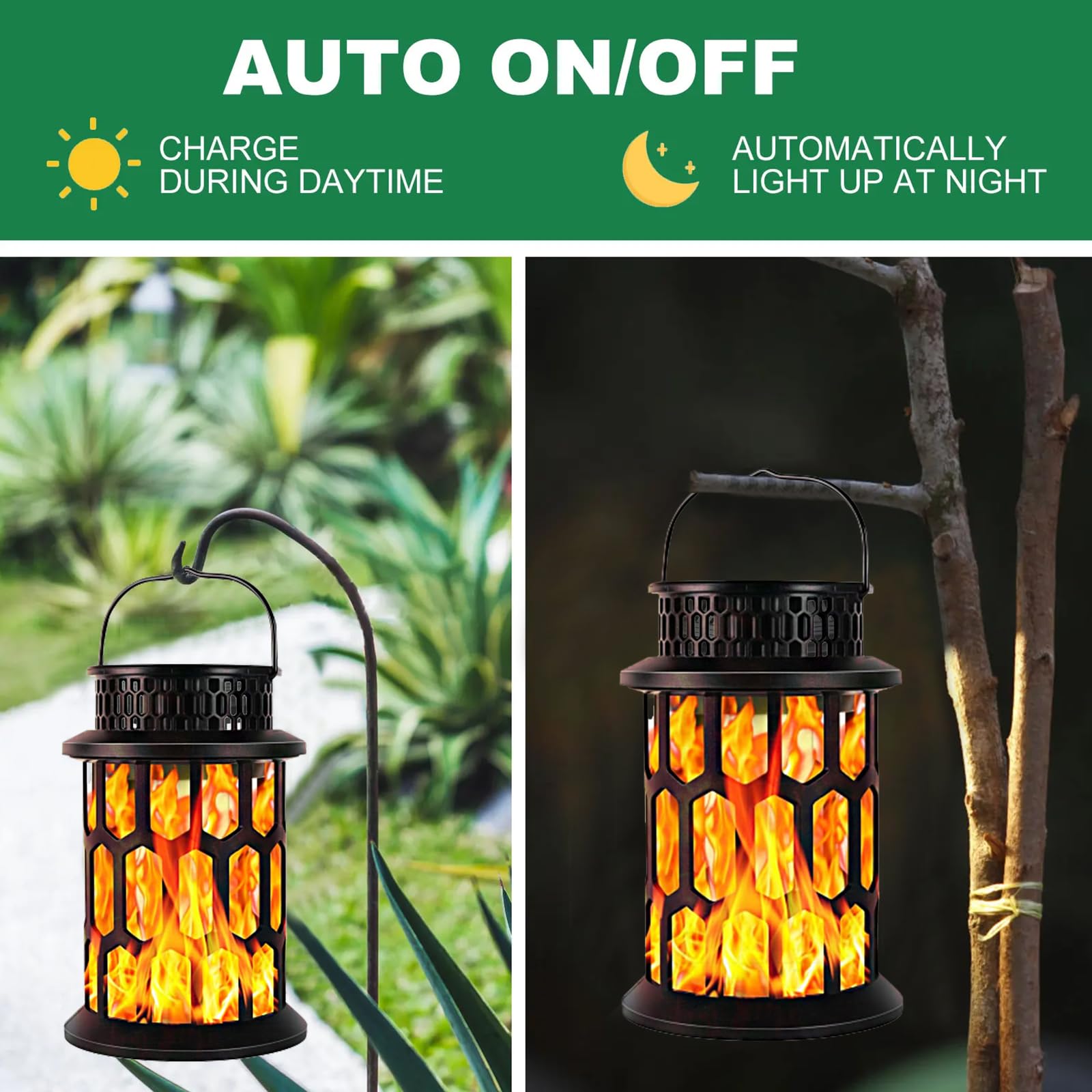 Donline Solar Lanterns Outdoor Waterproof, Flickering Flame Hanging Solar Lantern Camping Solar Powered Lights Decorative Lights For Christmas Decorations Home Garden Patio Deck Yard Path, 2 Pack