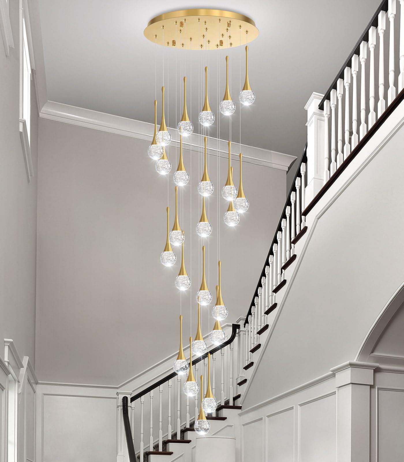 cenozo 24-Light Modern Glam Crystal Chandelier, LED Dimmable, Antique Gold, High Ceiling Lighting, Model RS2037-24G