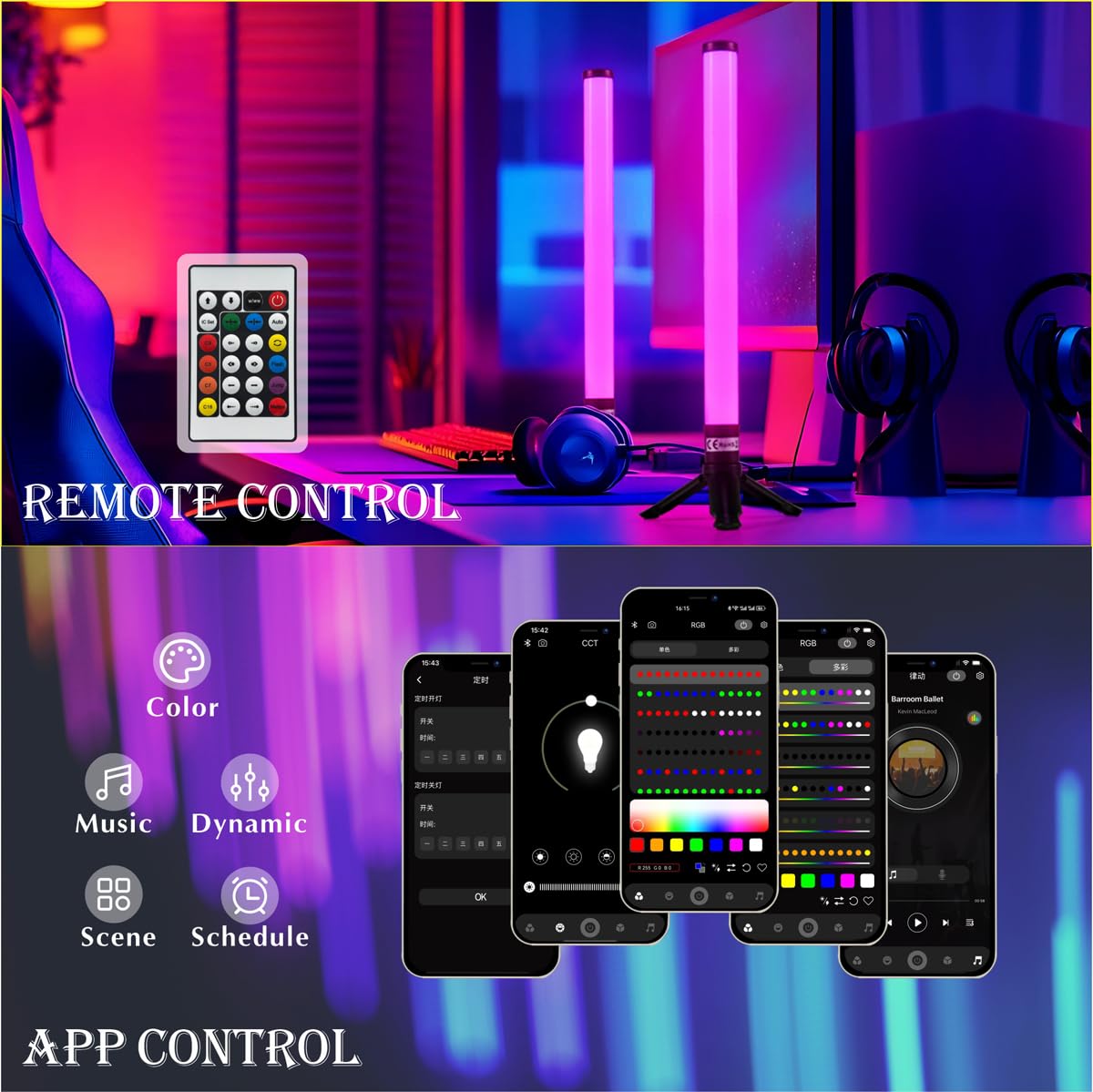 LED Light Bar, Music Sync RGB Light Bar, USB Ambient Lamp, Color Changing Gaming TV Backlight with App & Remote Control, 15 Dyna