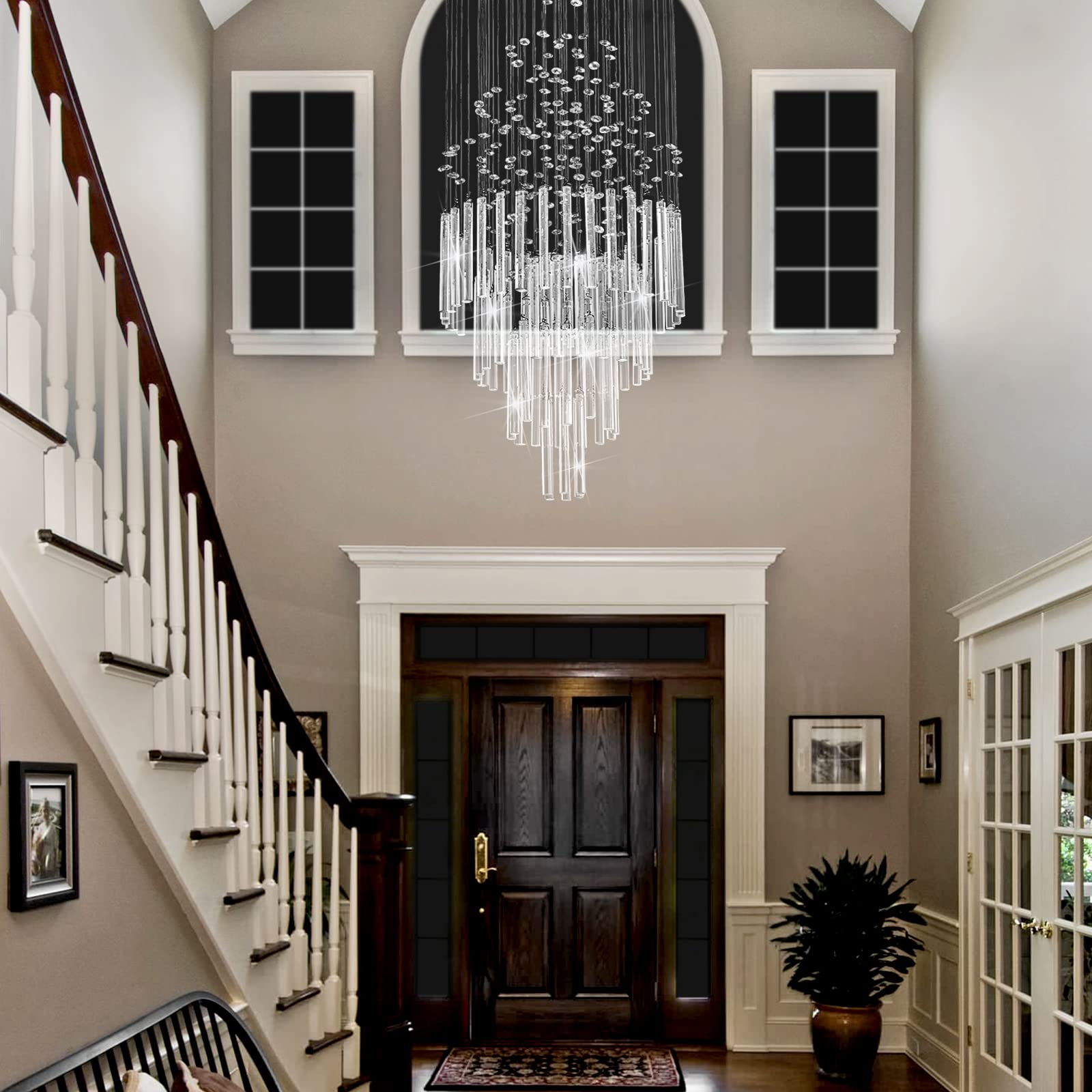 CRYSTOP 6-Light Modern Raindrop Crystal Chandelier, High Ceiling Pendant Light, Silver, 15.7" x 47.2"