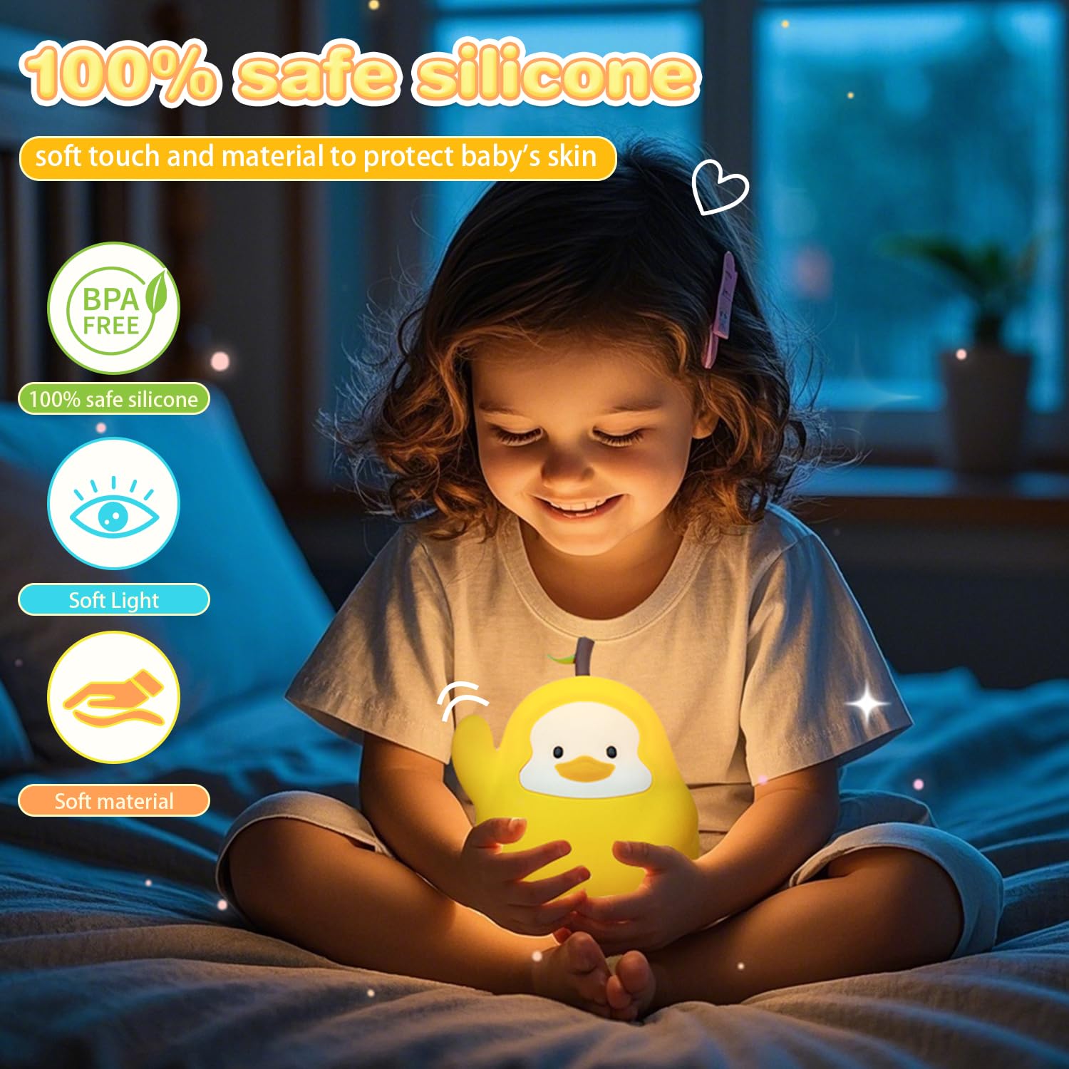 loatme Night Light for Kids, Rechargeable Silicone LED, Dimmable, Auto-Off, Yellow Duck