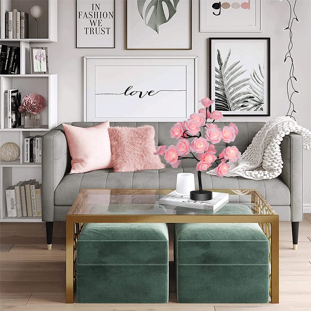 COLORLIFE Large Pink Flower Rose Tree Lamp - Metal Room Decor for Bedroom, Living Room, Mother's Day Gift