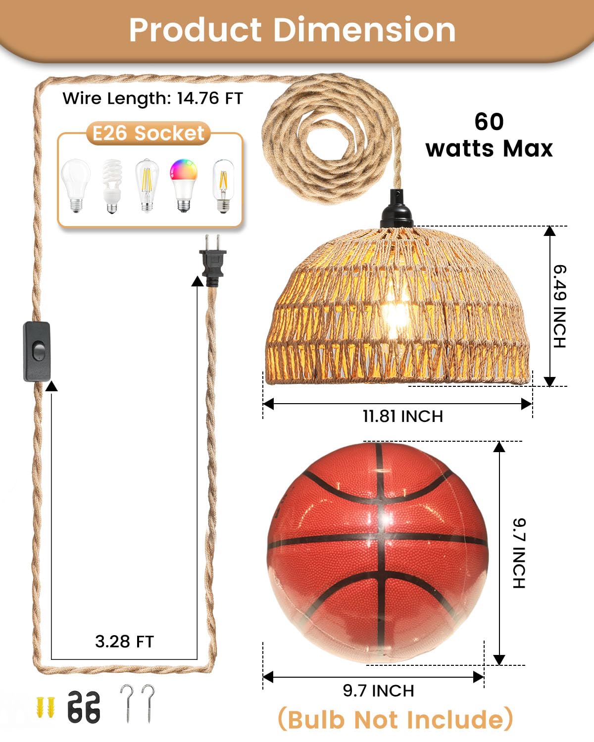 Rattan Hanging Lamp,Boho Pendant Lights,Plug In Cord Hanging Rattan Light,Plug Into Wall Outlet Pendant Light Fixture On/Off Switch For Living,Dinner Room,Bedroom,Kitchen,For E26,Without Bulb