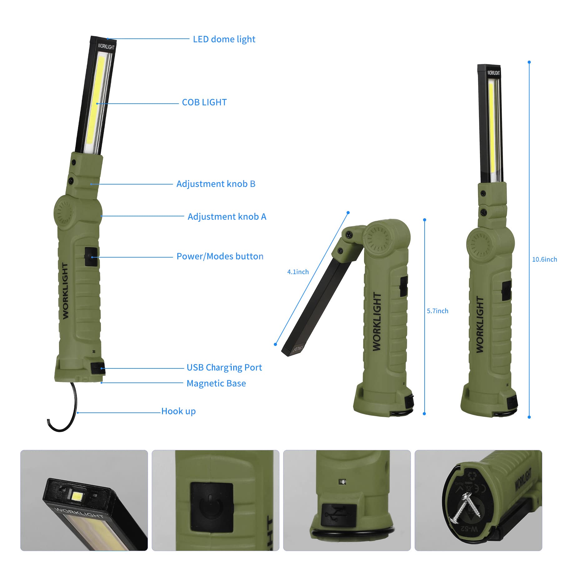 Suranew LED Worklight Flashlight, COB Rechargeable Work Lights with Magnetic Base 360 Degree Rotate and 5 Modes Portable Flood L
