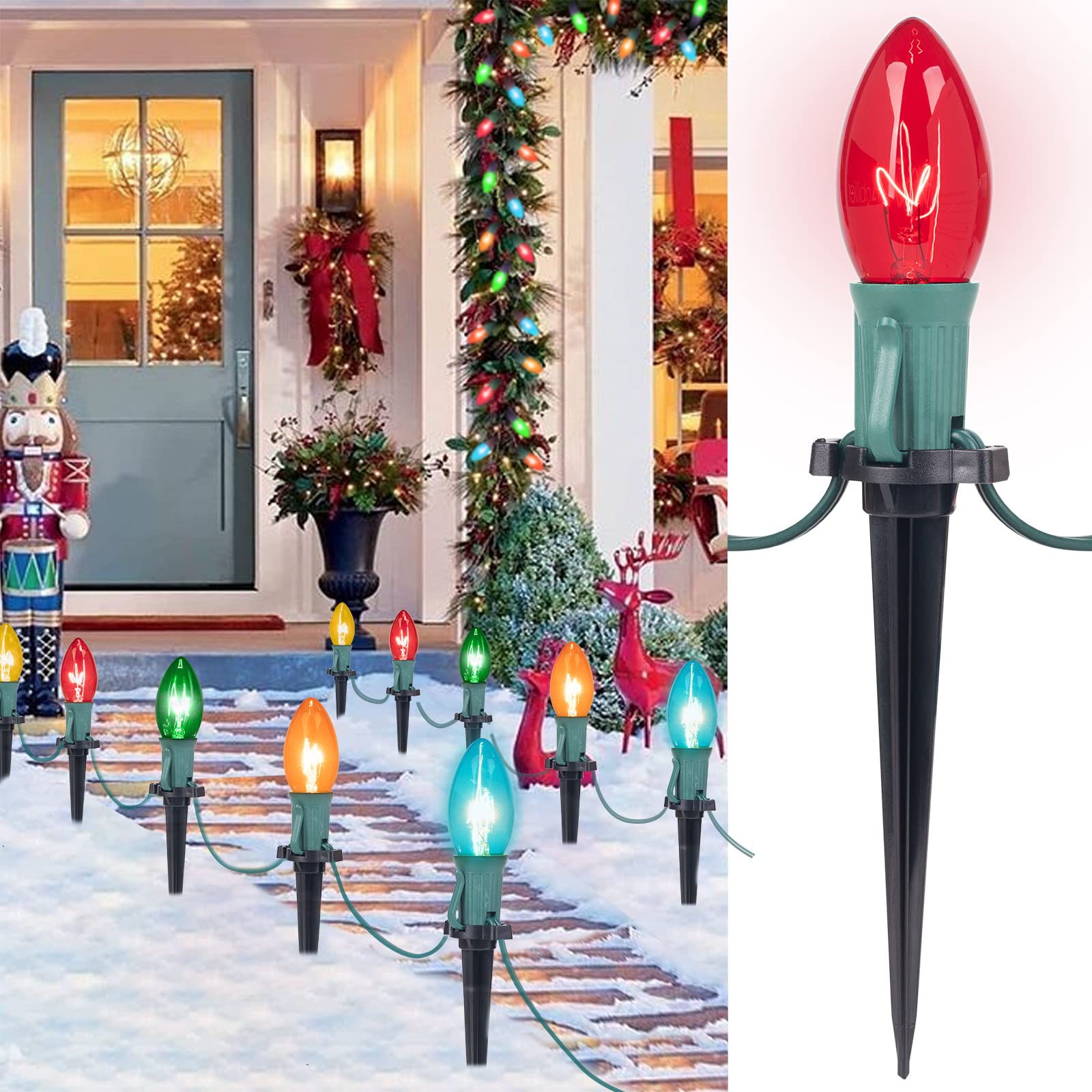 C9 Christmas Pathway String Lights, 2 Pack 25.7 Ft C9 20 Lights with 20 Multicolored Glass Bulbs and 20 Stakes Connectable Water