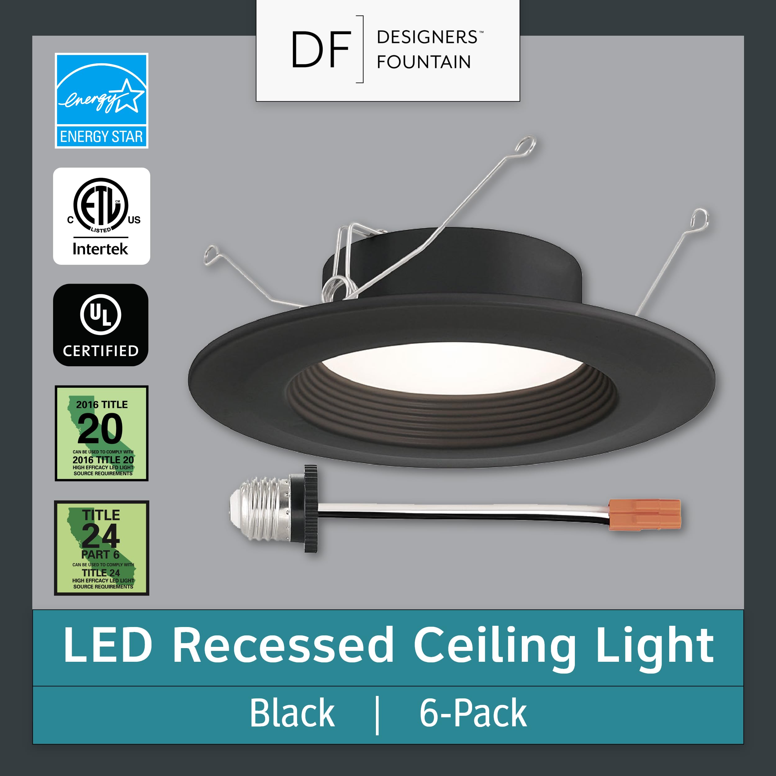 DESIGNERS FOUNTAIN LED Recessed Ceiling Lights, 6 Pack, 5"/6", Dimmable, 1050 Lumens, Black Baffle Trim, Model RB6BK