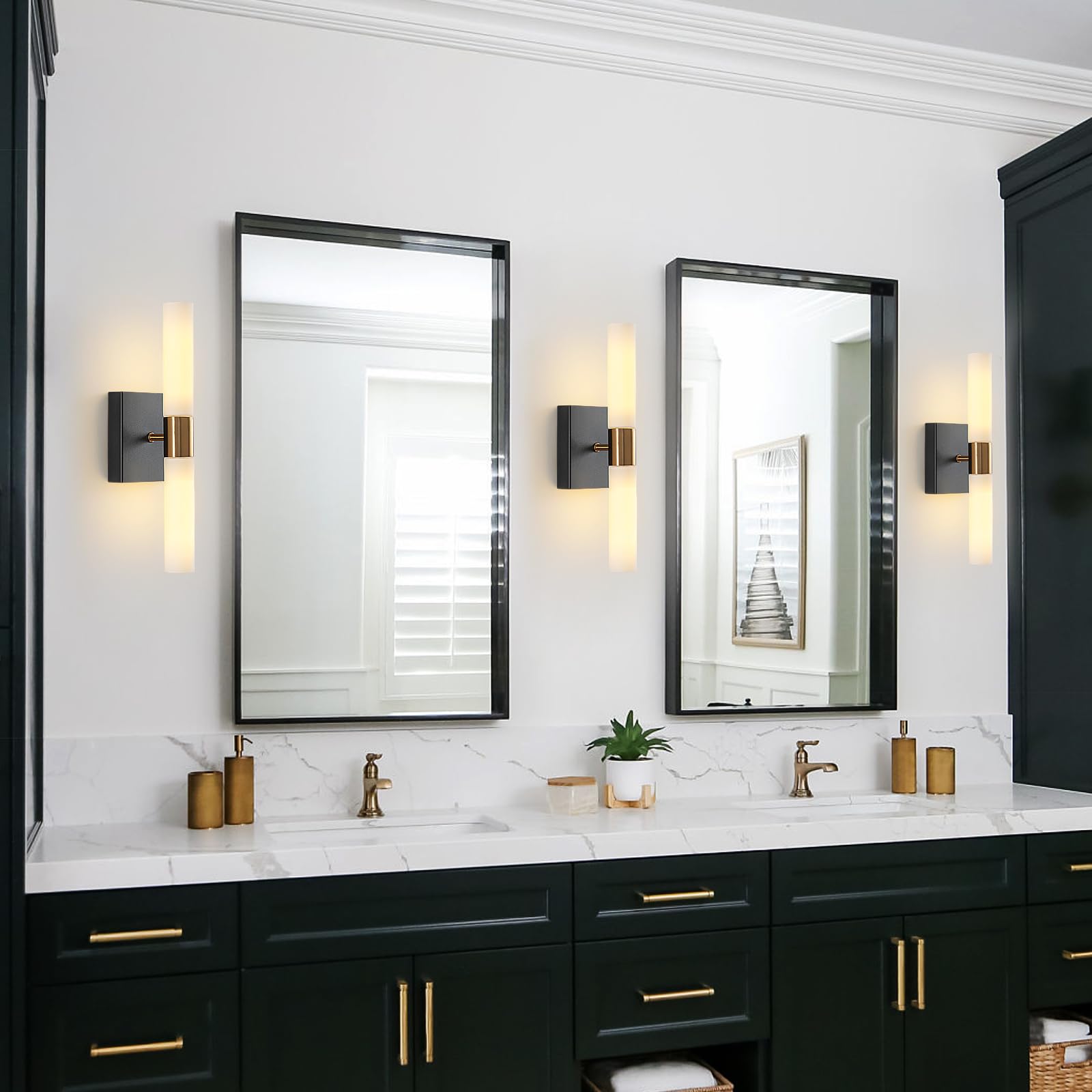 KUZZULL Wall Sconces - Modern Black and Brass Indoor Lights, 14in White Frosted Glass Shade, Model 602-220041NL-US012, Set of Two