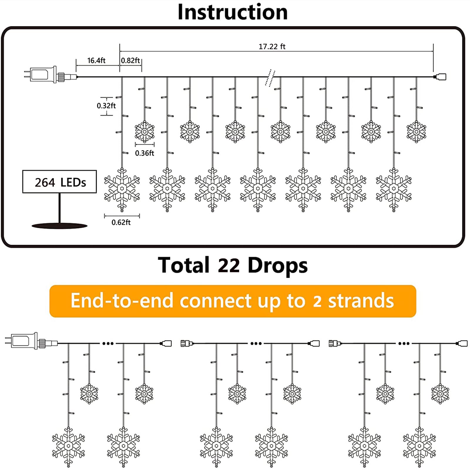 Jnaurb Christmas Snowflake Lights, 17.22ft 264 LED, Waterproof, 8 Modes, White Decor for Indoor & Outdoor