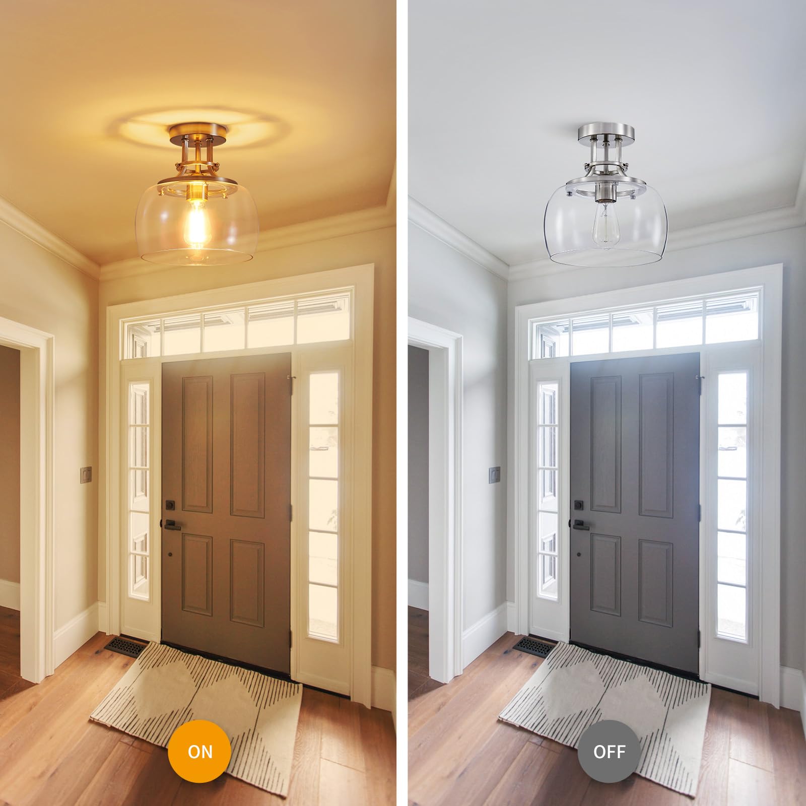 Wuzups Rustic Farmhouse Chandelier Led Light Fixture, Brushed Nickel, 10&quot; Round, Clear Glass Shades