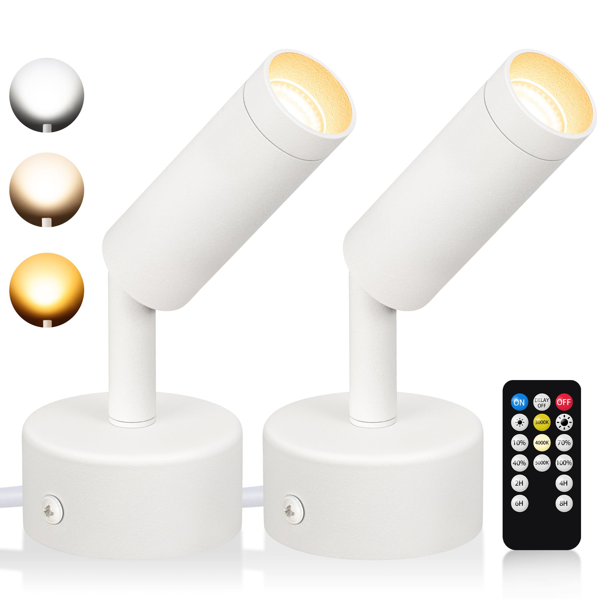Urtom Dimmable Led Spot Lights Indoor, Remote Controlled With Timer, 3W Plug-In Up Lights, 3000K/4000K/5000K Uplighting Indoor Spotlight For Accent Lighting Plants Or Artwork, 2 Pack