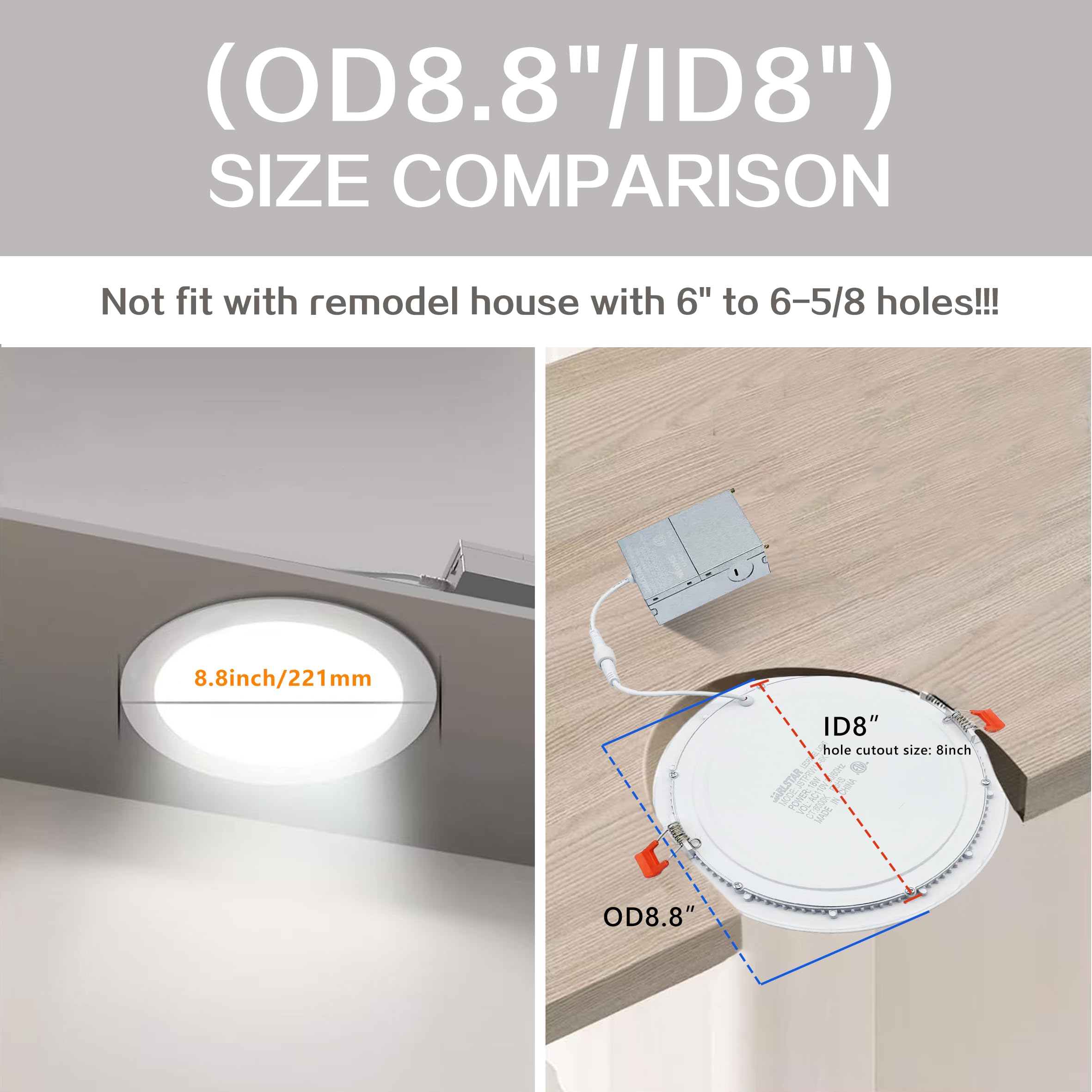 JARLSTAR 8 Inch LED Recessed Light, 18W Dimmable, 3CCT Selectable, Aluminum, Model JSD18W?A, Ultra Thin,