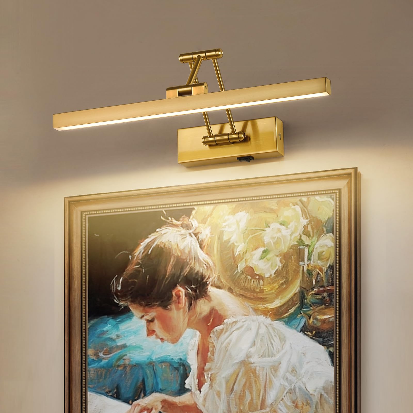 Pasoar Brass Picture Light - 15.7" Dimmable LED Wall Light, Rechargeable, Swing Arm, Indoor Gold, Model 9960-1