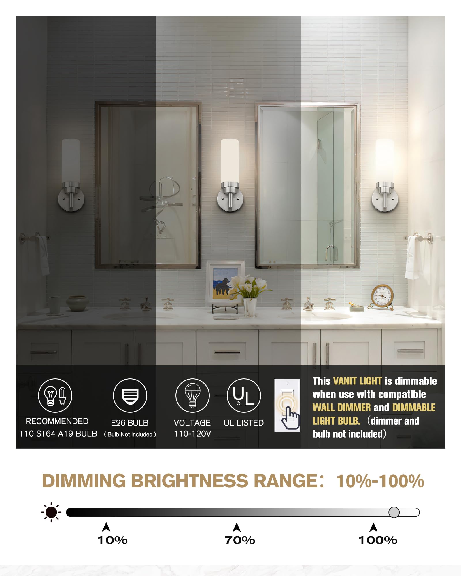 Emak Modern Brushed Nickel Sconces, Bathroom Vanity Light With Milk Glass Shade, Wall Sconce For Bathroom, Bedroom, Living Room,