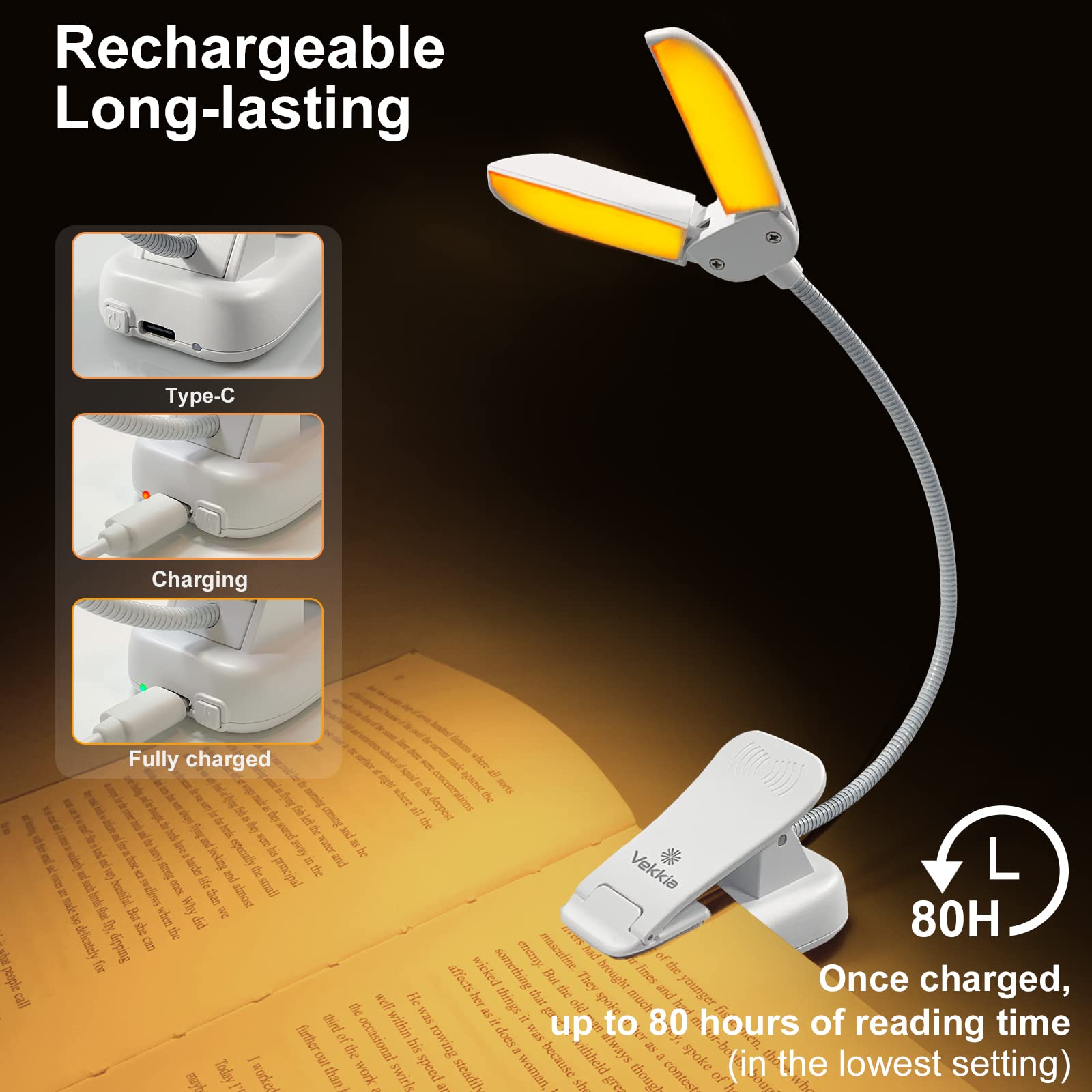 Vekkia 14 LED Rechargeable Book Light for Reading in Bed, Warm/Amber Reading Light with Clamp, 180