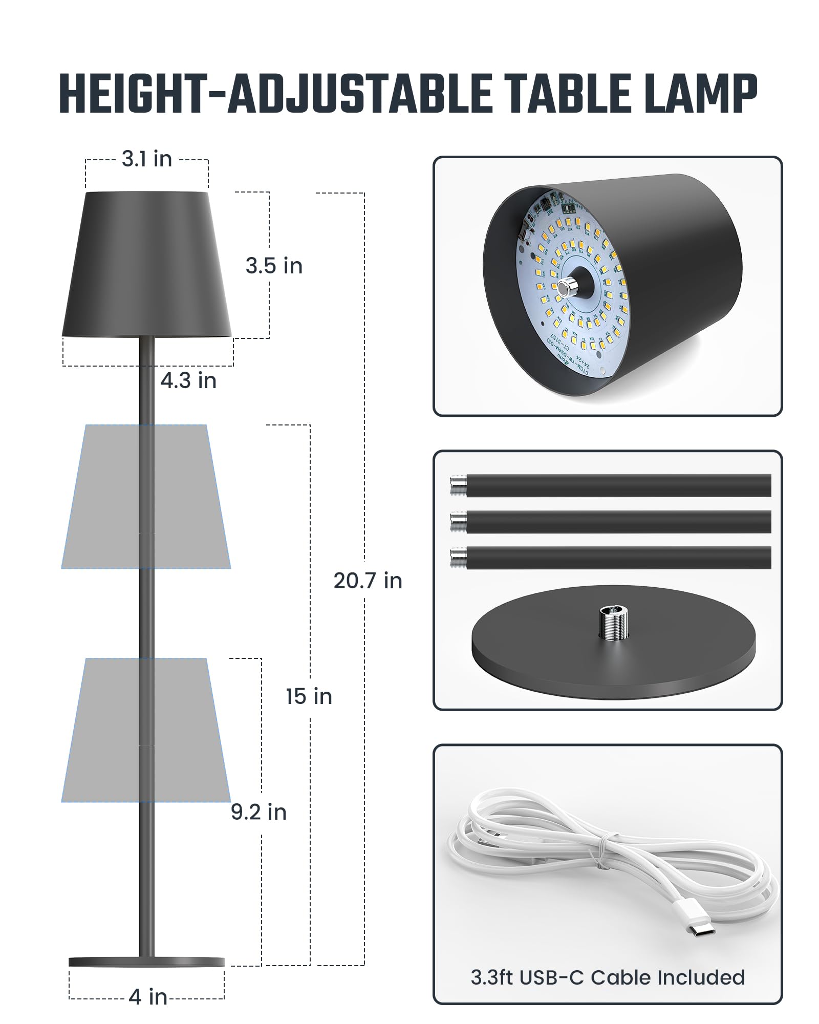 Superdanny Cordless Table Lamps, 3 Heights & Colors, Dimmable, 2 Pack, Rechargeable Led Light