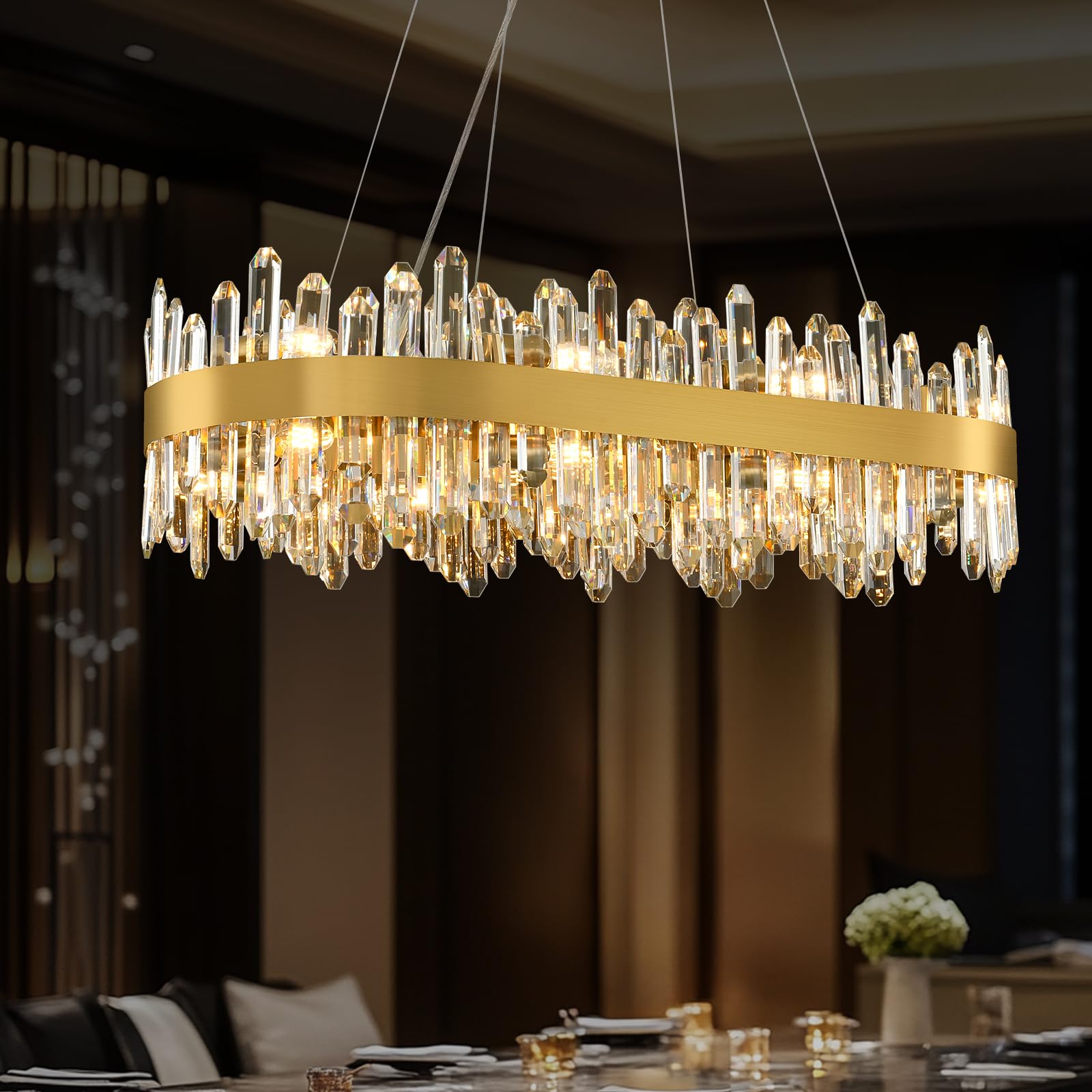 Modern Chandelier  20-Lights 2 Tiers Gold Rectangular Chandeliers for Dining Room  52 Elegant K9 Raindrop Crystal Chandeliers  Adjustable Kitchen Island Chandelier for Living Room  Foyer Entryway