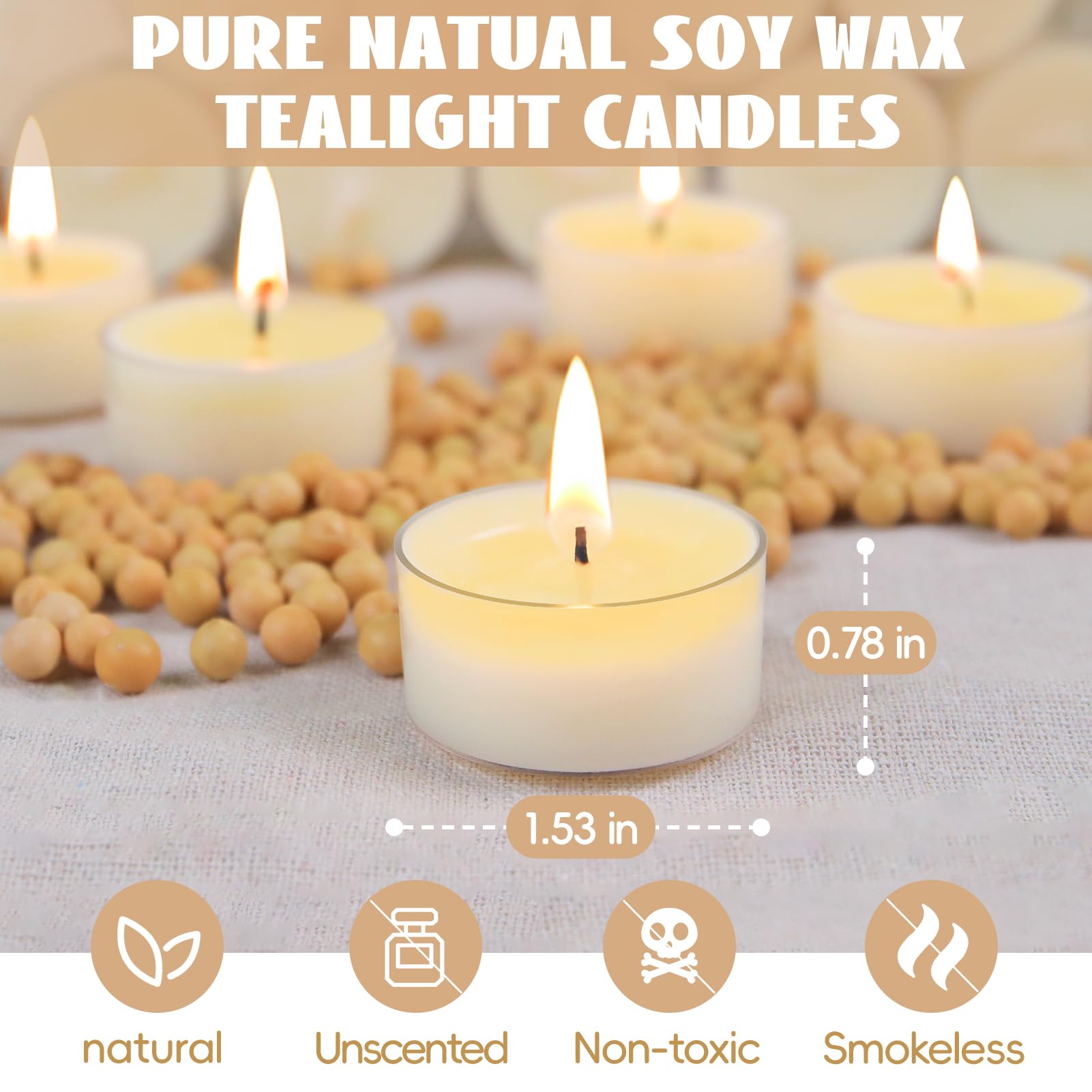 ginitiri Soy Tealight Candles 50 Pack, Unscented, Natural Soy Wax, 6 Hours Burn Time, White, Model YW2411STECP6