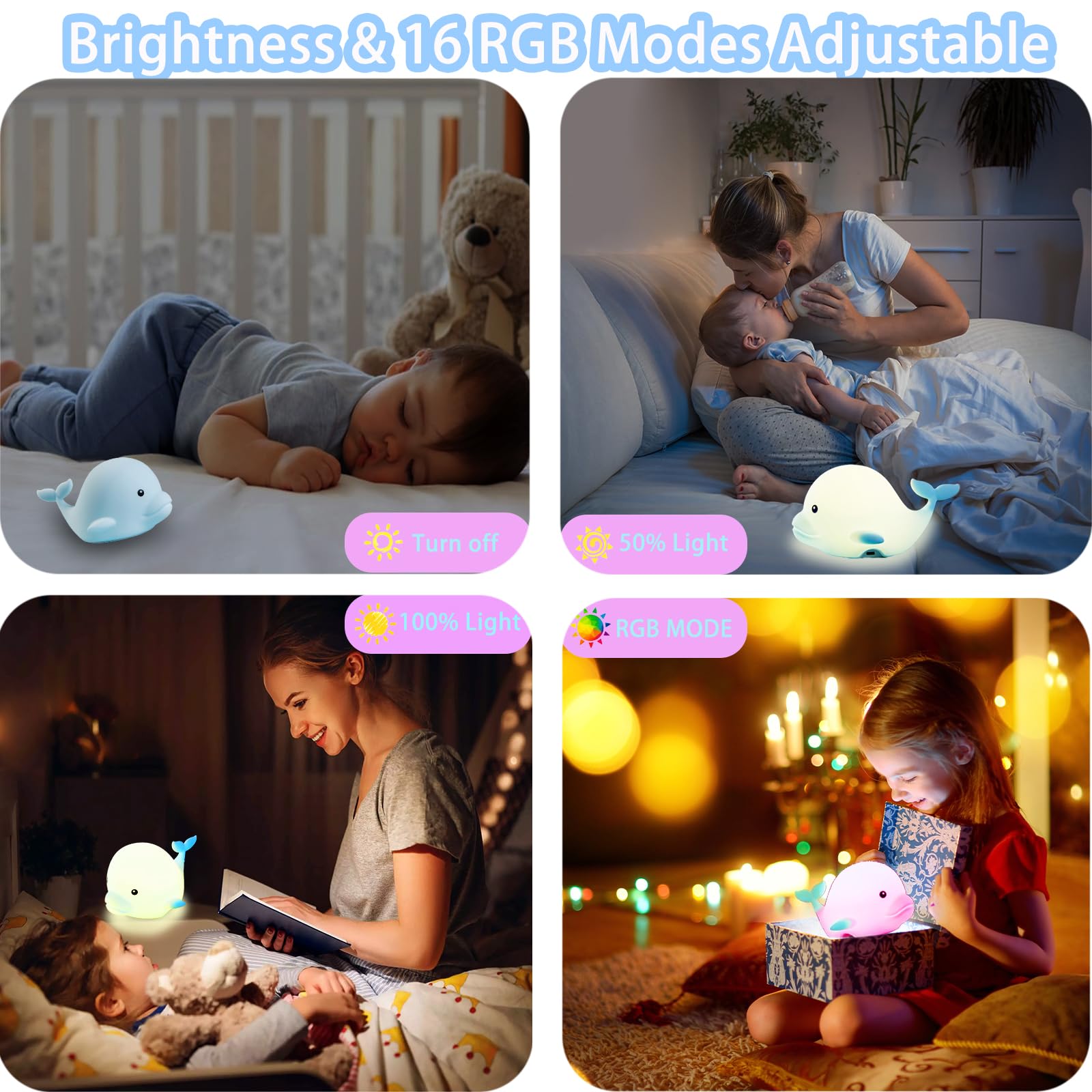 NCBNCB Dolphin Night Light for Kids Cute Night Light,16 Colors Silicone Dimmable Baby Night Lights for Nursery, Rechargeable Nig