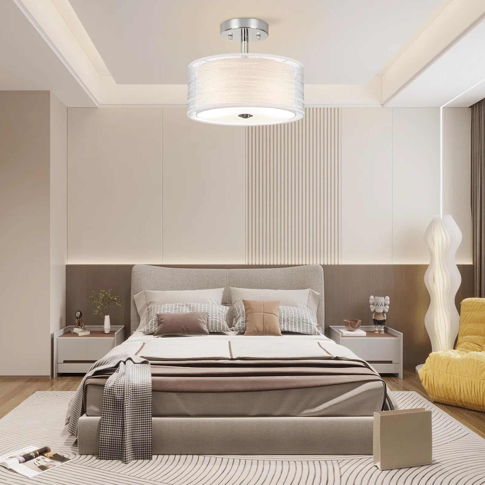 Ceiling Light, 3-Light Ceiling Light Fixture, Semi Flush Mount Ceiling Light, Light Fixtures Ceiling Mount With Double Fabric Shade, Bedroom Lights For Ceiling,Gray Ceiling Light Fixtures For Bedroom
