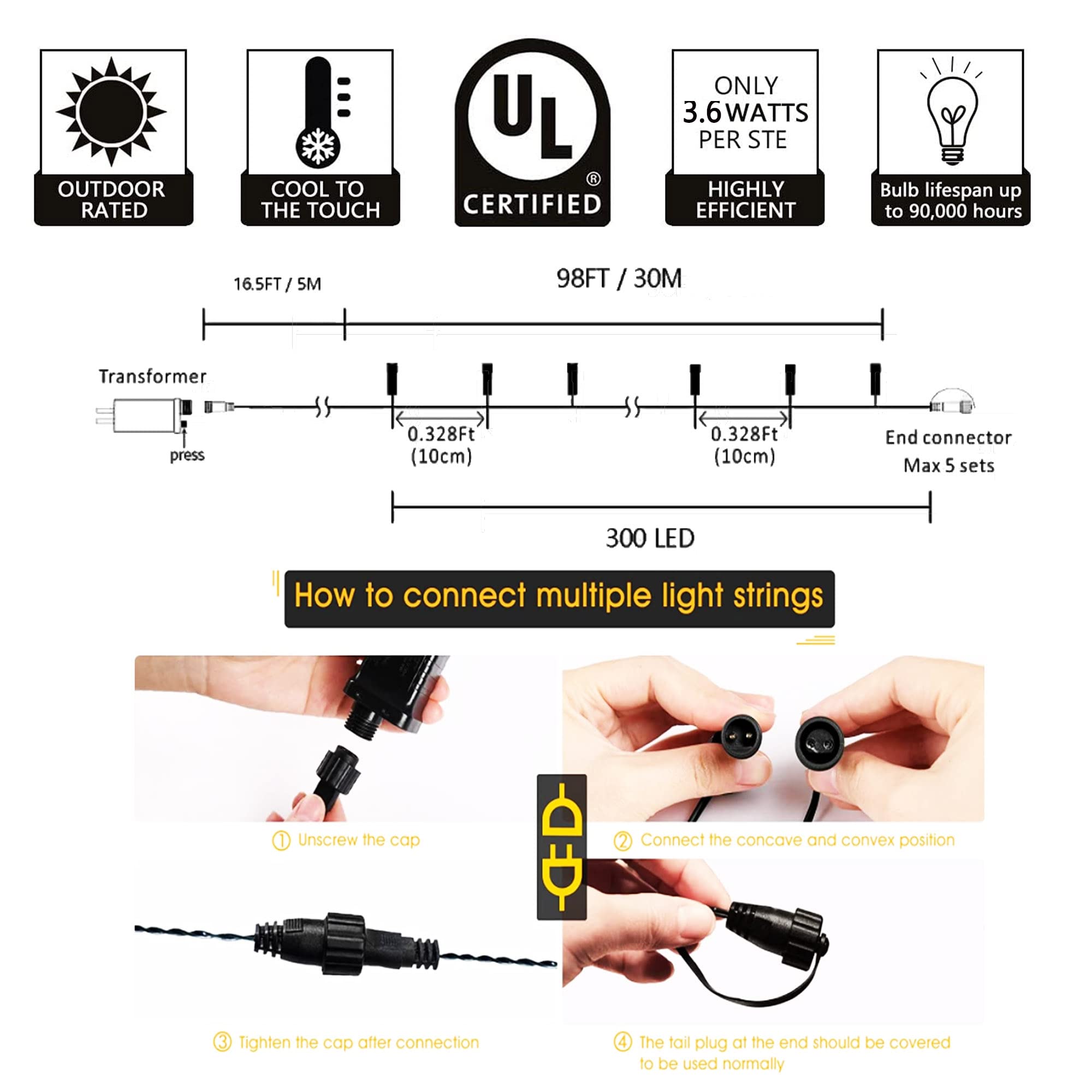 kemooie 300 LED Outdoor Christmas Lights, 99FT, 8 Twinkle Modes, Green Wire, Blue Fairy String Lights for Indoor/Outdoor Decorations