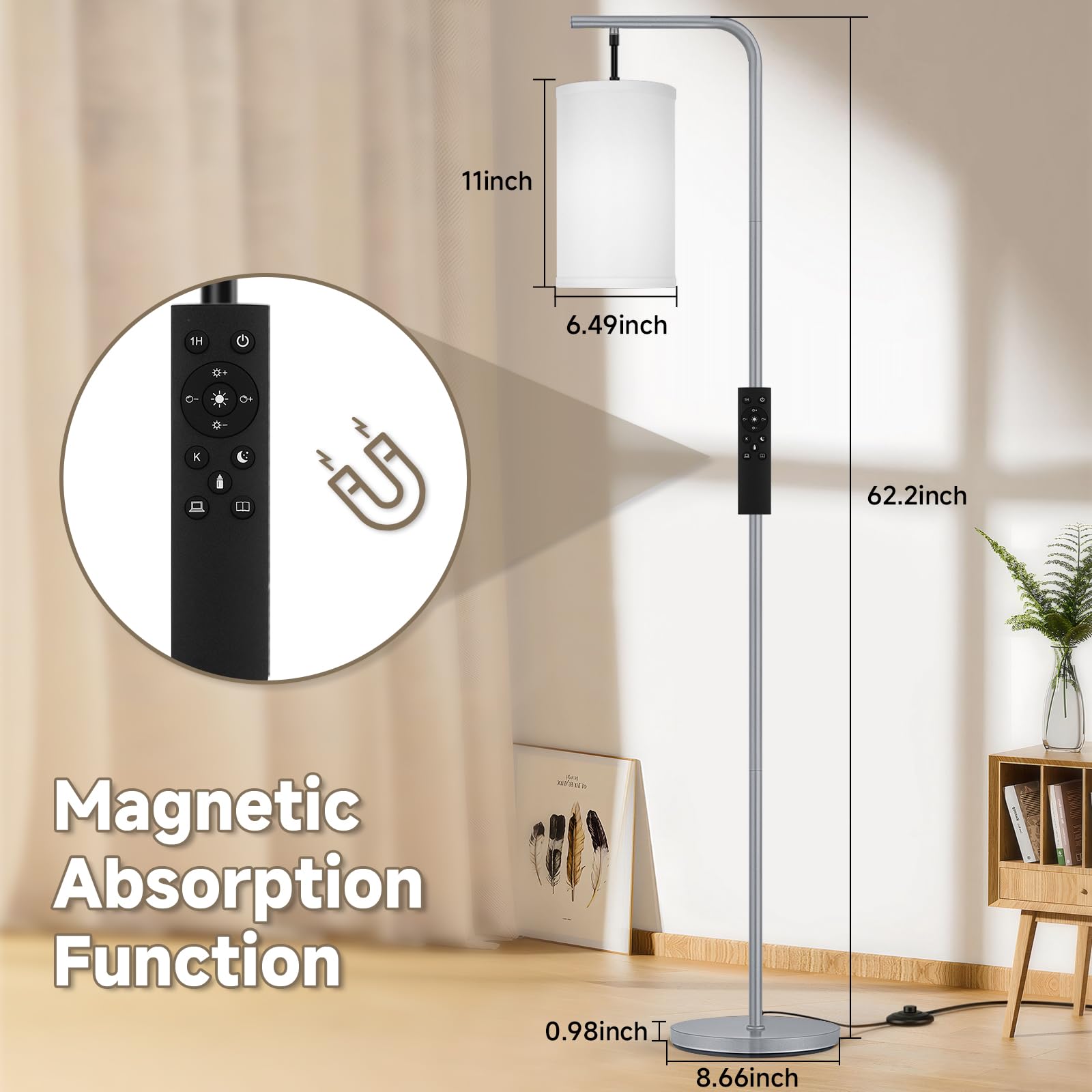 Coucrek Floor Lamp - 9W LED, Remote Control, Custom Color Temperature & Brightness, Tall Standing, Gray, Model F109