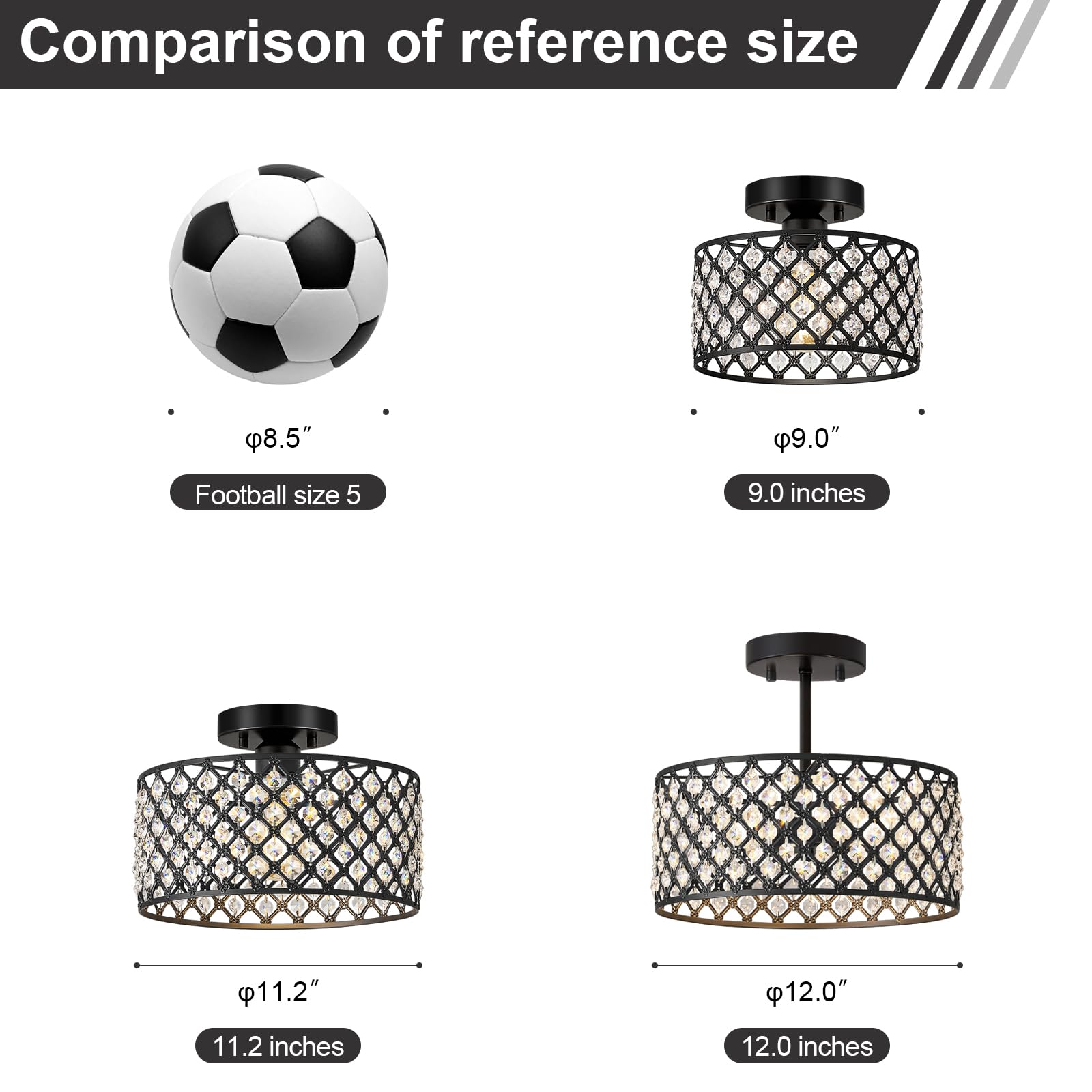 BZVESR Black Crystal Ceiling Light Fixture, Modern Semi Flush Mount Chandelier, 9 inch, 1 Light, for Hallway, Kitchen, Bedroom