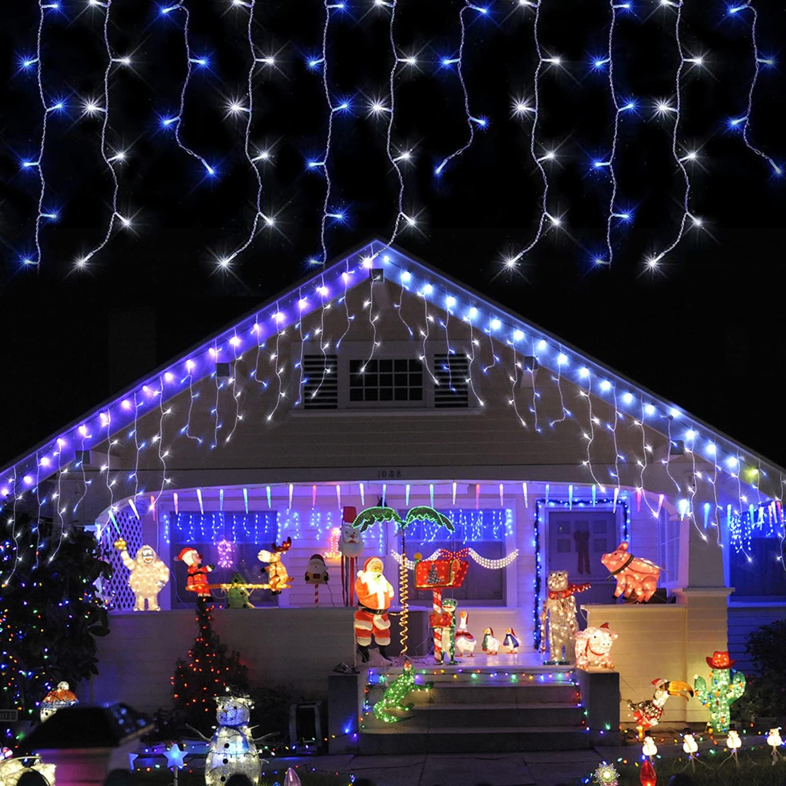 YEGUO Icicle String Lights 400 LED Blue and White Waterproof, 33ft, 80 Drops, 8 Modes with Memory Timer