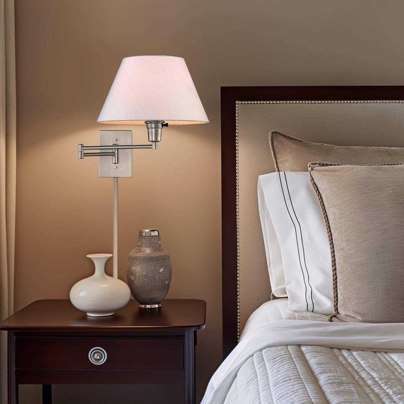 Kira Home Cambridge 15" Swing Arm Wall Lamp, Brushed Nickel, White Fabric Shade, Model RV-W227-489-BN-WT, Plug-in/Wall Mount