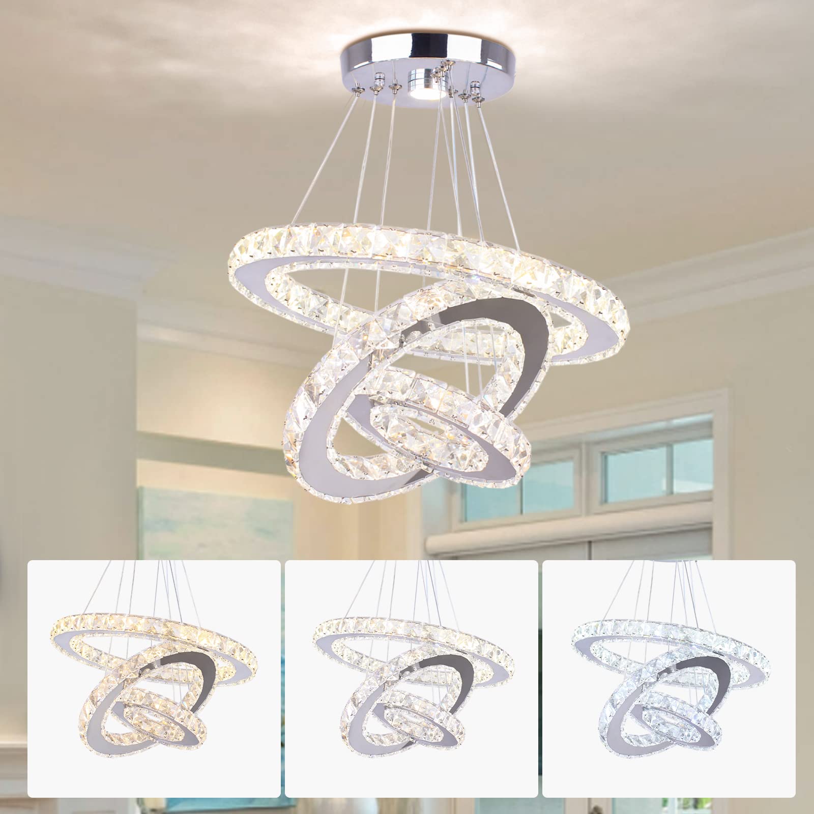 Cainjiazh Modern Crystal LED Chandelier, 3 Rings Round Design, Adjustable Stainless Steel, 234Round-3 Colors