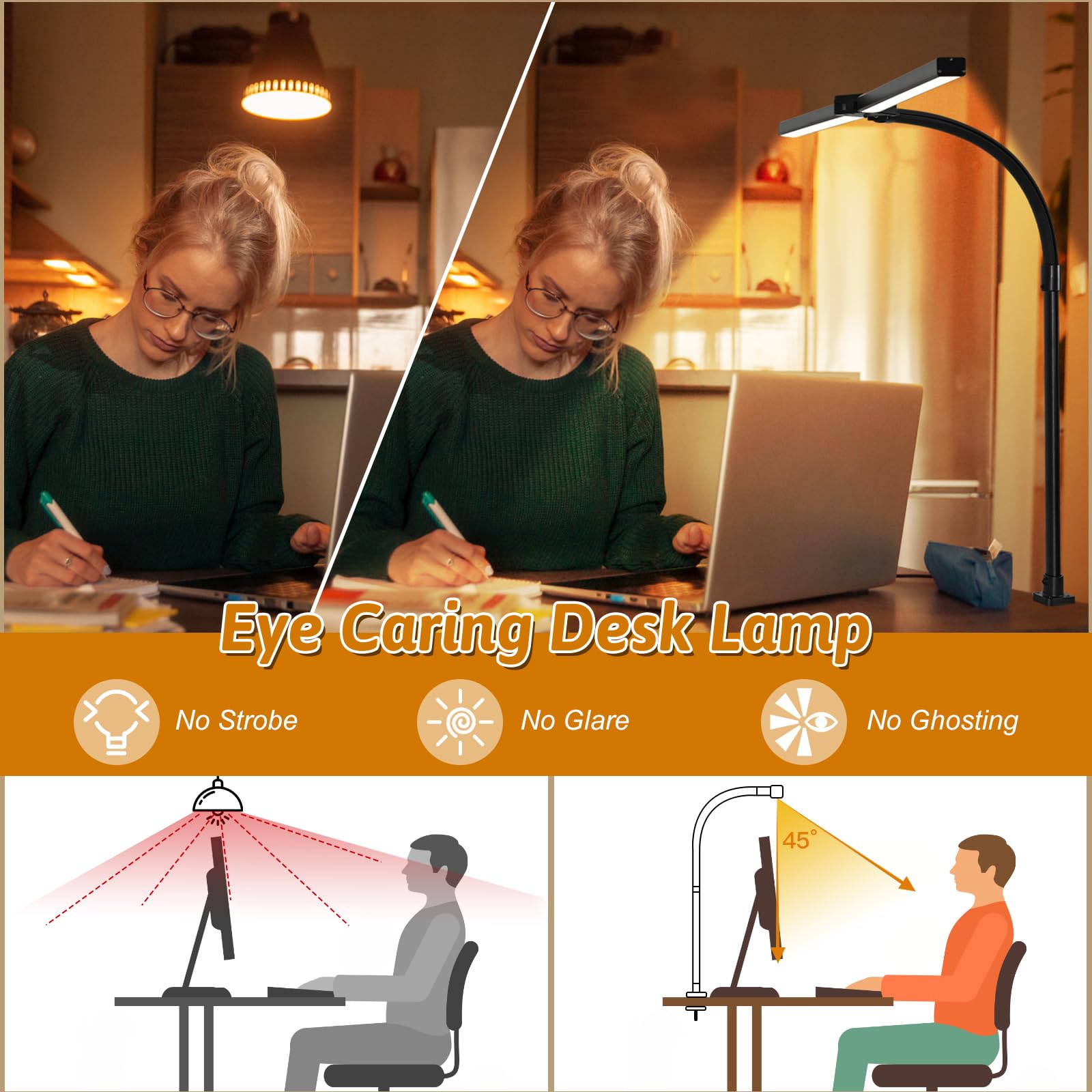 MACASA Double Head LED Desk Lamp 24W with Remote Control, Anti-Glare, Clamp Size, Black, Model S01-Black