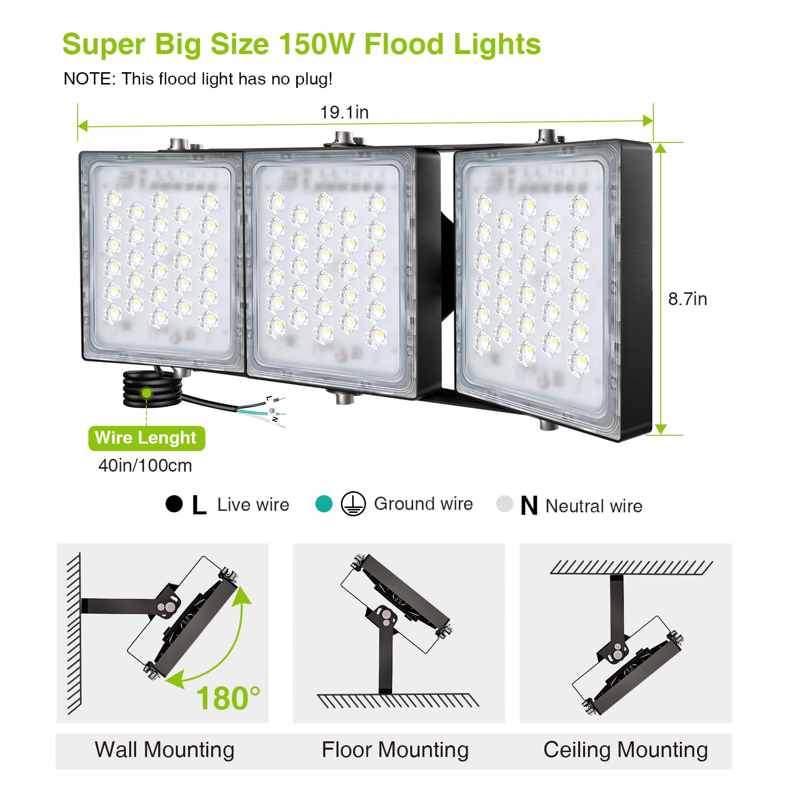 STASUN 150W LED Flood Light Outdoor, 13500lm, IP66 Waterproof, 6000K Daylight White, with 3 Adjustable Heads for Yard and Parking Lot