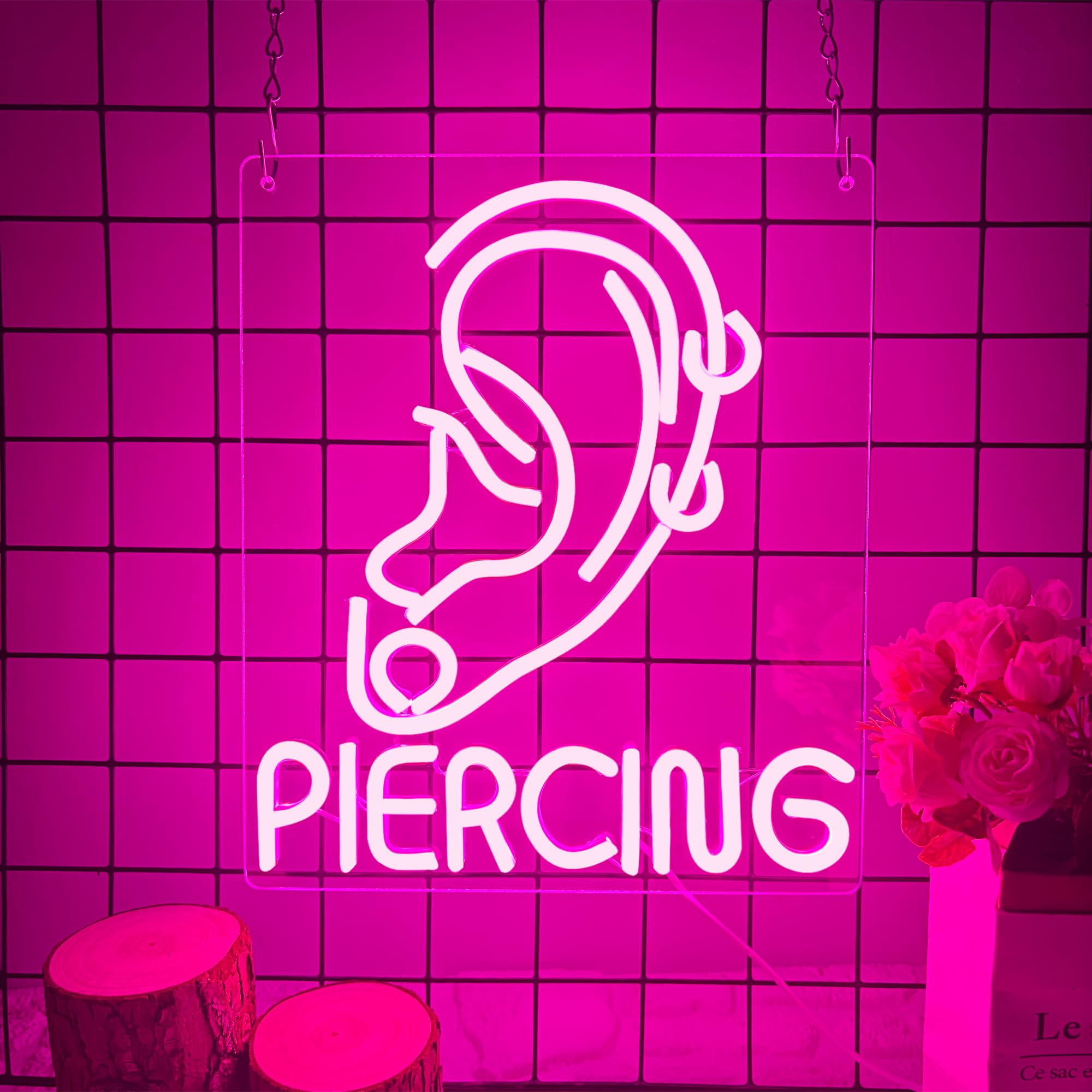 Ear Piercing Neon Sign, Cool Pink Dimmable LED Creative Ear Earring Neon Light, Tattoo Studio Barber Salon Massage SPA Shop Neon