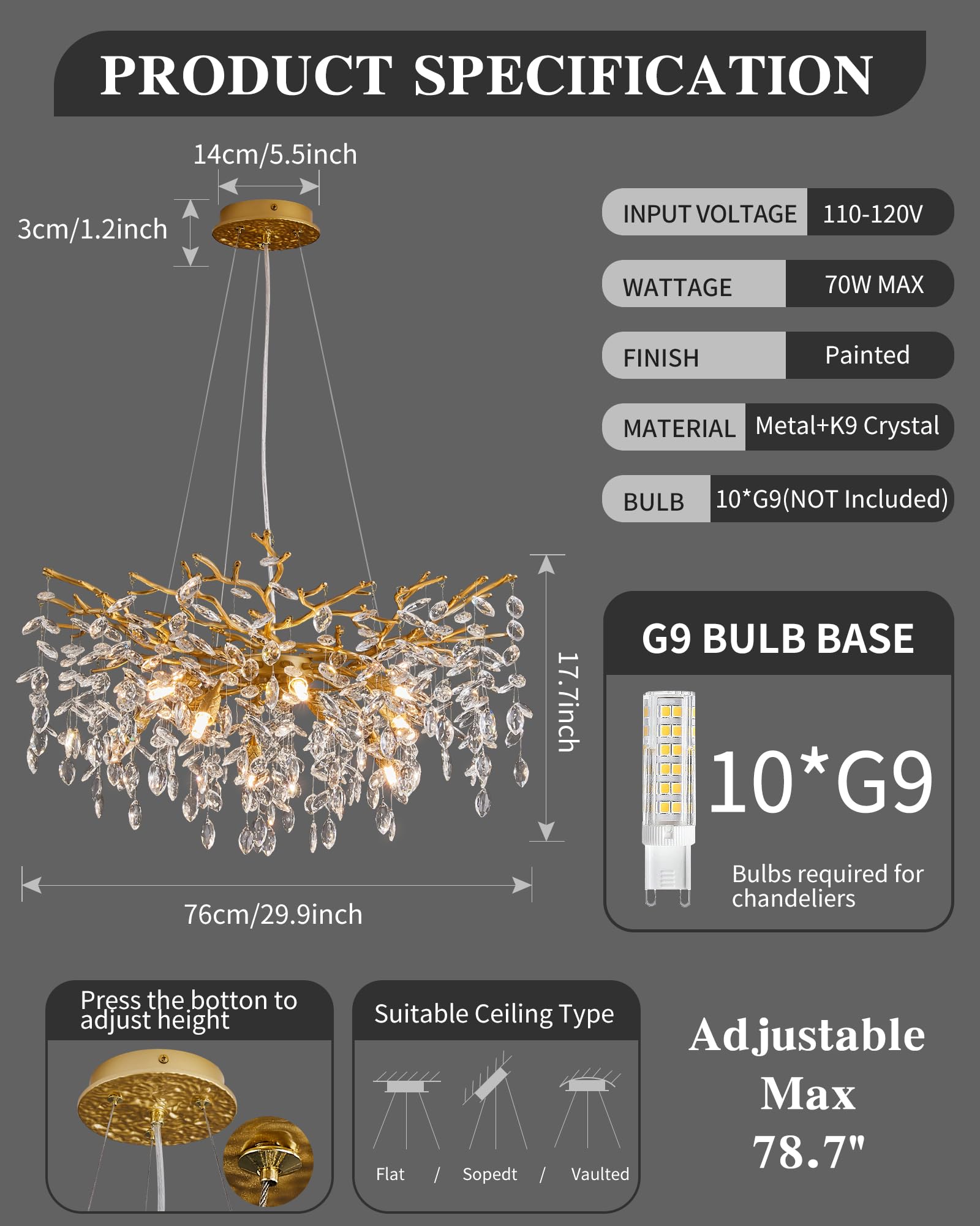 Modern Tree Branch Crystal Chandelier Luxury Gold Crystal Pendant Lighting 30'' Contemporary 10-Light Chandeliers For Dining Roo