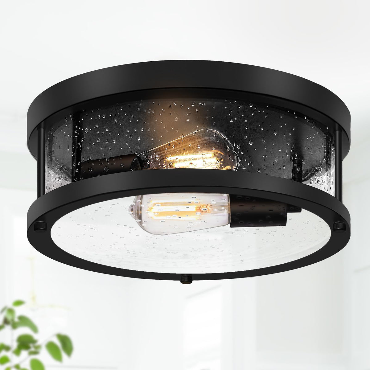 Black Flush Mount Ceiling Light Fixture, Farmhouse Light Fixture with Seeded Glass Lampshade, 2-Light Industrial Close to Ceilin