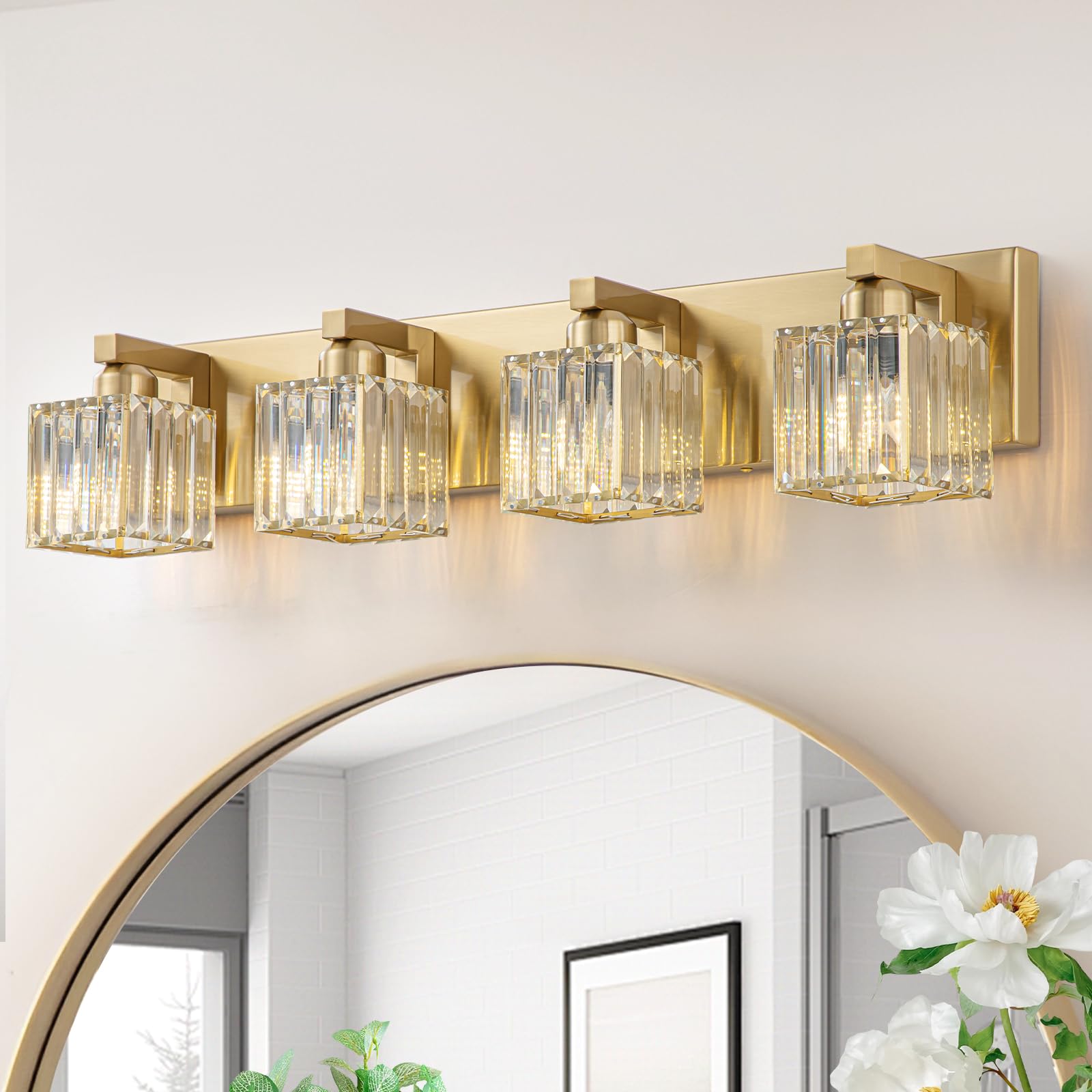 Huoku Gold Crystal Bathroom Vanity Lights, 4 Lights Bathroom Lighting Fixtures Over Mirror Modern Gold Crystal Bathroom Wall Lig