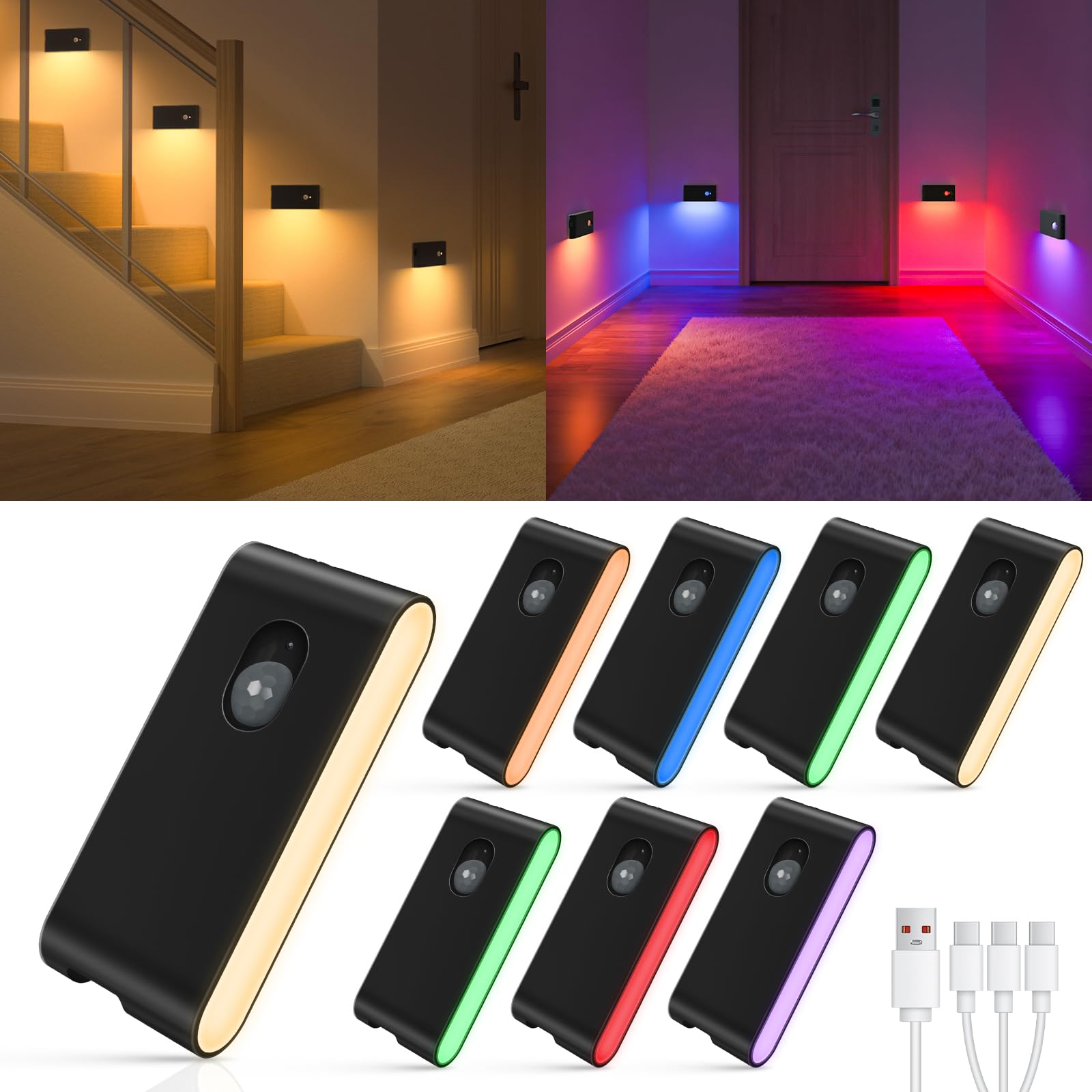 WILLED Rechargeable Motion Sensor Night Light,Stair Lights Indoor RGB & Warm White,Wireless Motion Sensor Lights Indoor for Stai