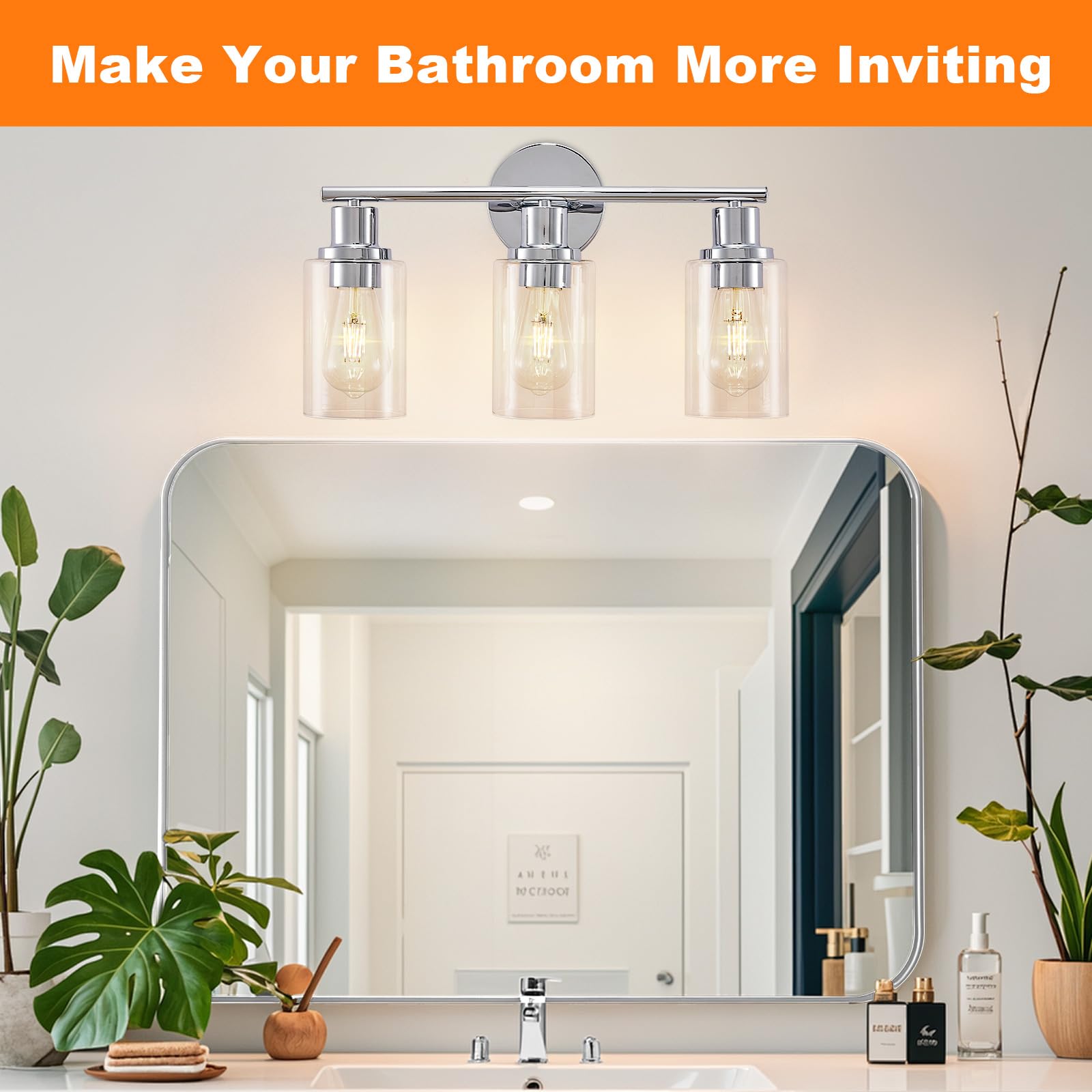Dllt 3-Light Bathroom Light Fixtures: Chrome Modern Vanity Lights With 3 E26 Bulbs - Clear Glass Shade Bathroom Wall Lamp For Mi