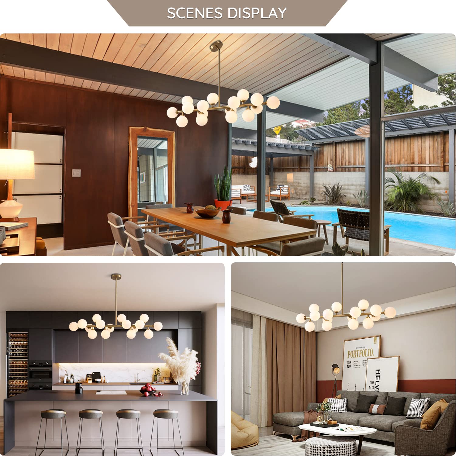 7PMBEANE 16-Light Globe Sputnik Chandelier, Brass Pendant Lighting for Dining Room & Kitchen Island, Modern Mid Century Design