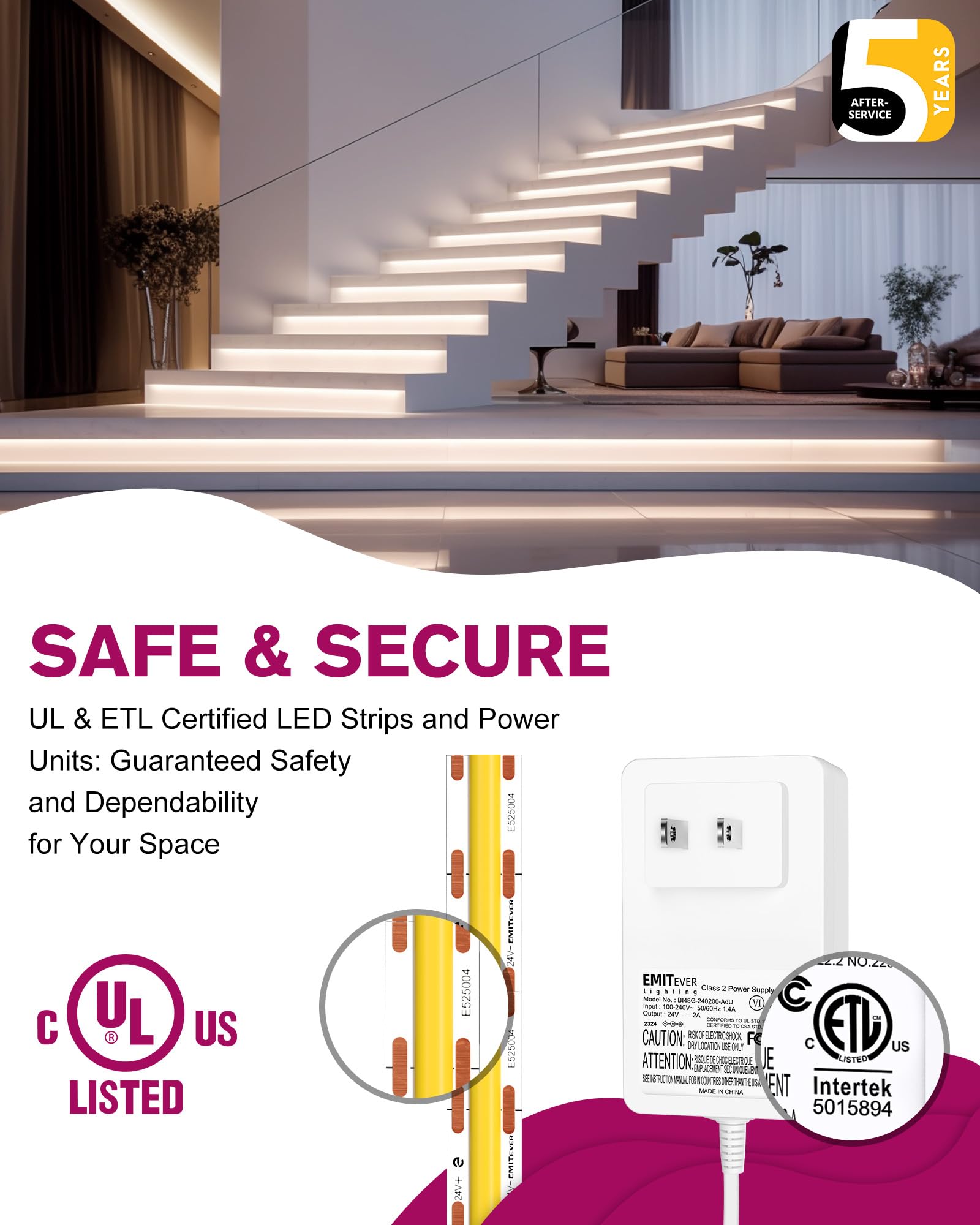 EMITEVER COB LED Strip Lights Kit, 16.4ft Dimmable 4000K, 2400 LEDs, Model FN-FC-480-24, Remote & 24V