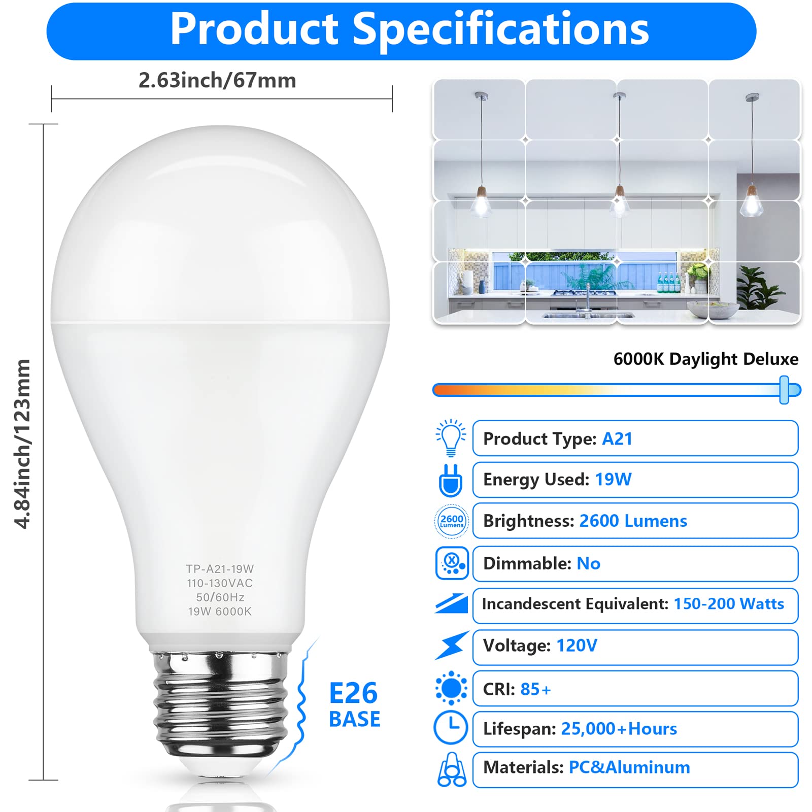 Maxvolador A21 Led Light Bulbs, 150 Watt Equivalent, Cool White 6000K, 2600 Lumens, E26 Base, Non-Dimmable, 19W Light Bulbs, Pac
