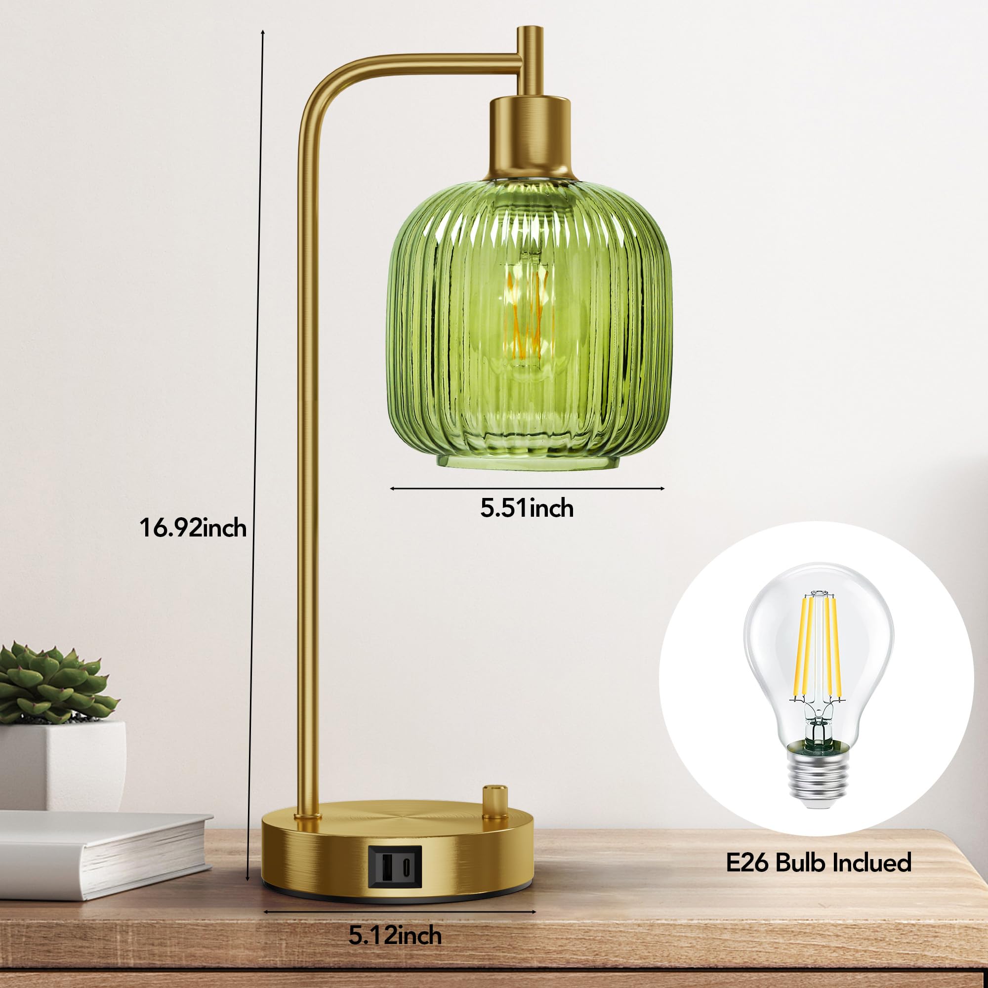 QiMH Industrial Table Lamp Set of 2, Green Glass with USB Ports, Dimmable Gold Finish, Model STR-DL-0208, Ideal for Bedroom & Living Room