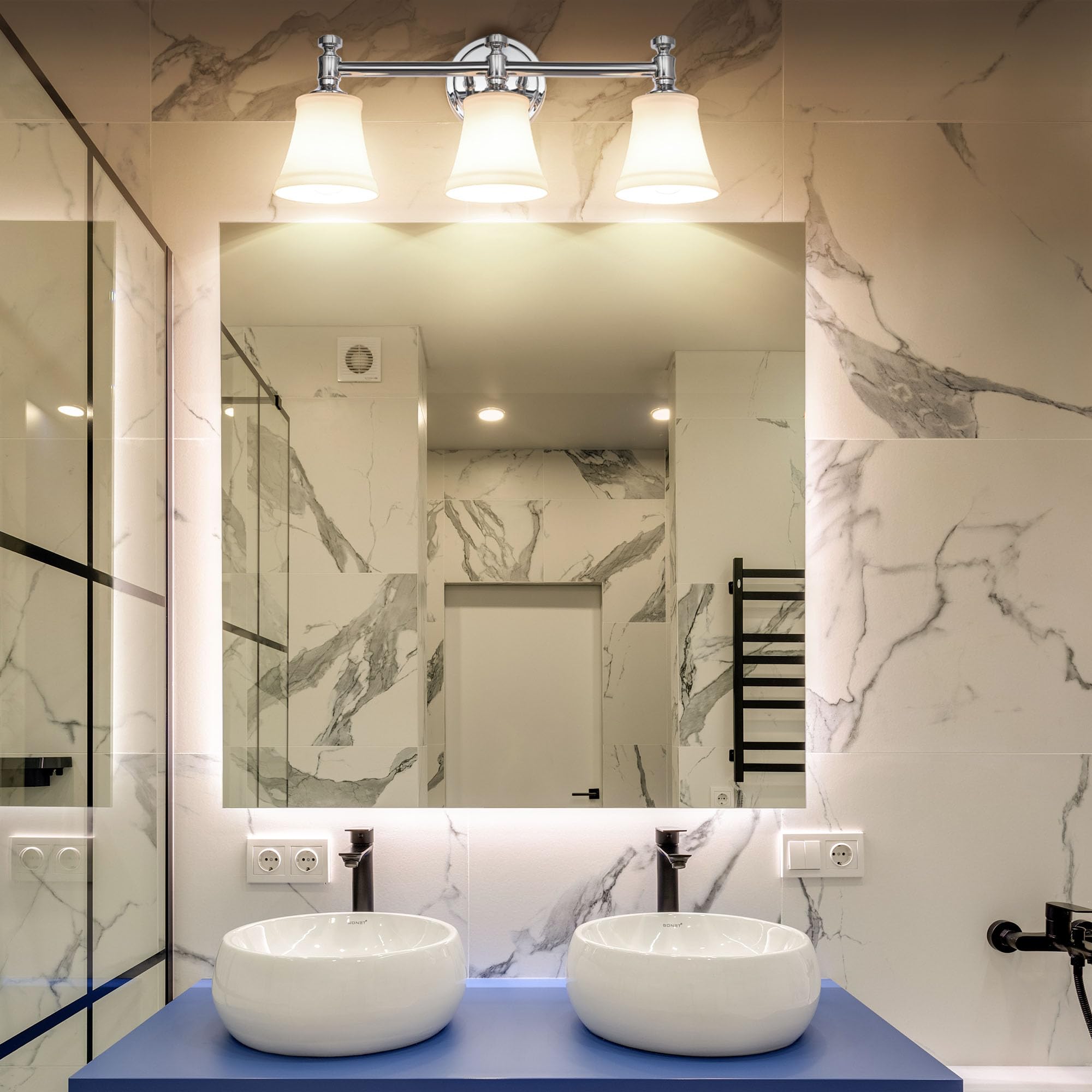 Hanaloa Bathroom Vanity Light Fixtures, Traditional Chrome 3 Lights Wall Sconce Lighting With Opal Glass Shade, Porch Wall Mount Light Fixture For Bathroom, Mirror Cabinets Hallway Stairs